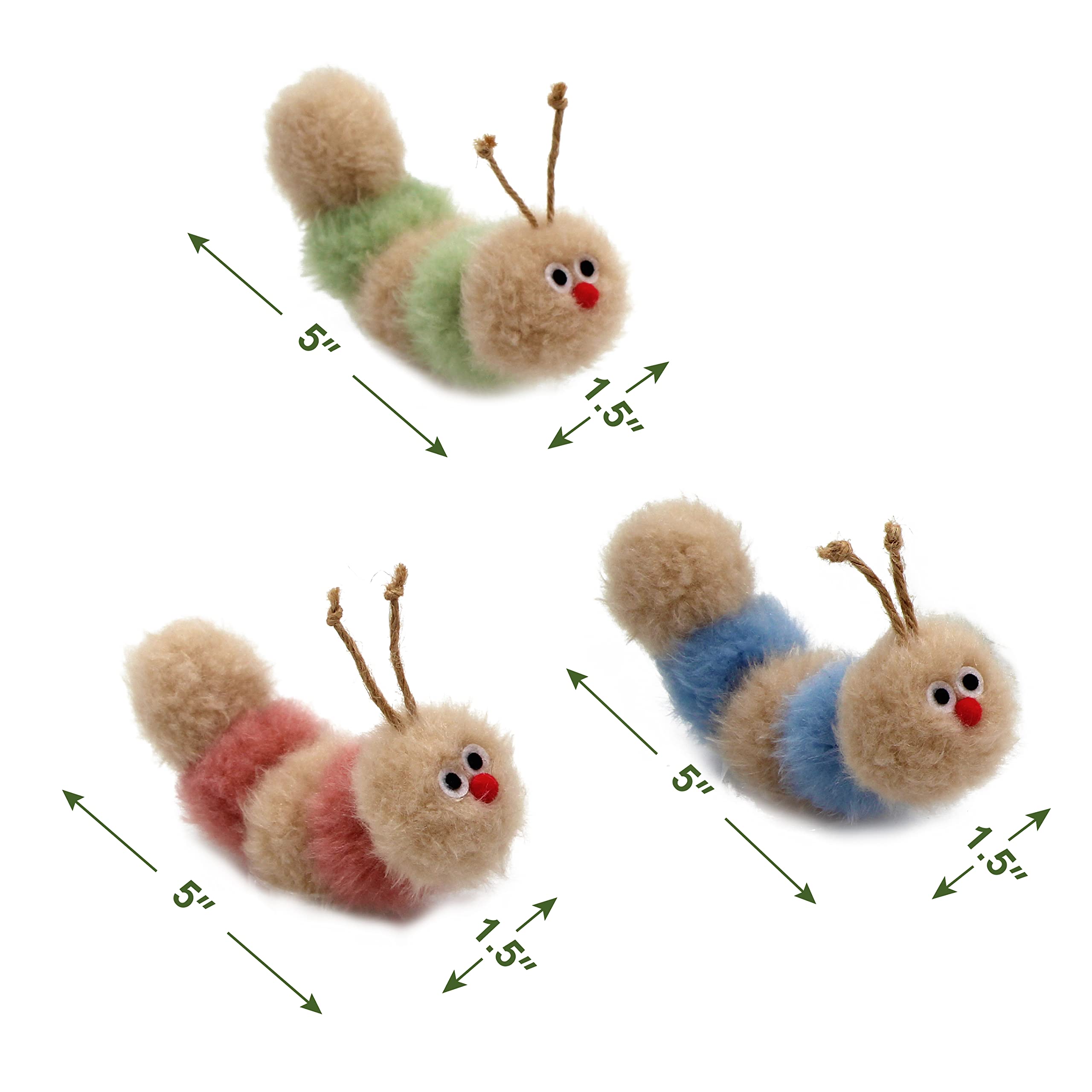 Jumpaws Interactive Natural 3 PK Catnip Toy, with Rattle, Bite Resistant, for All Ages Indoor Cat, Soft Caterpillar Toys, Fluffy