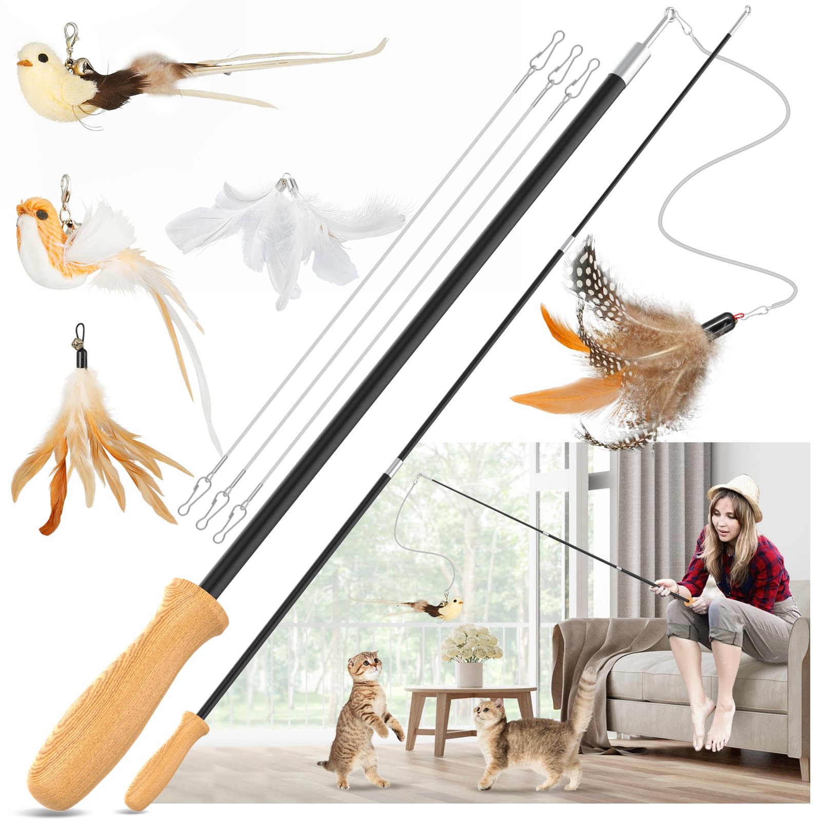 Rosaui Cat Teaser Wand Toys, Interactive Bird Toys For Indoor Kittens, 42.15 Long Cat Fishing Pole Toys, 2Pcs Wires And 5Pcs Nat