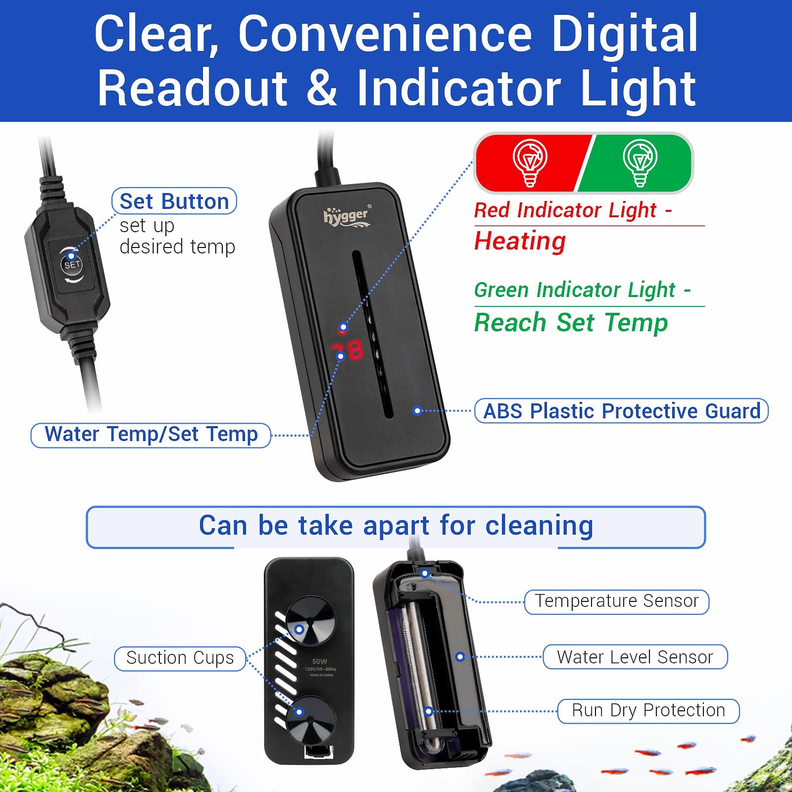 Hygger Small Submersible Aquarium Heater 50W Mini Betta Fish Tank Heater With Thermostat For 5-10 Gallon Saltwater Freshwater