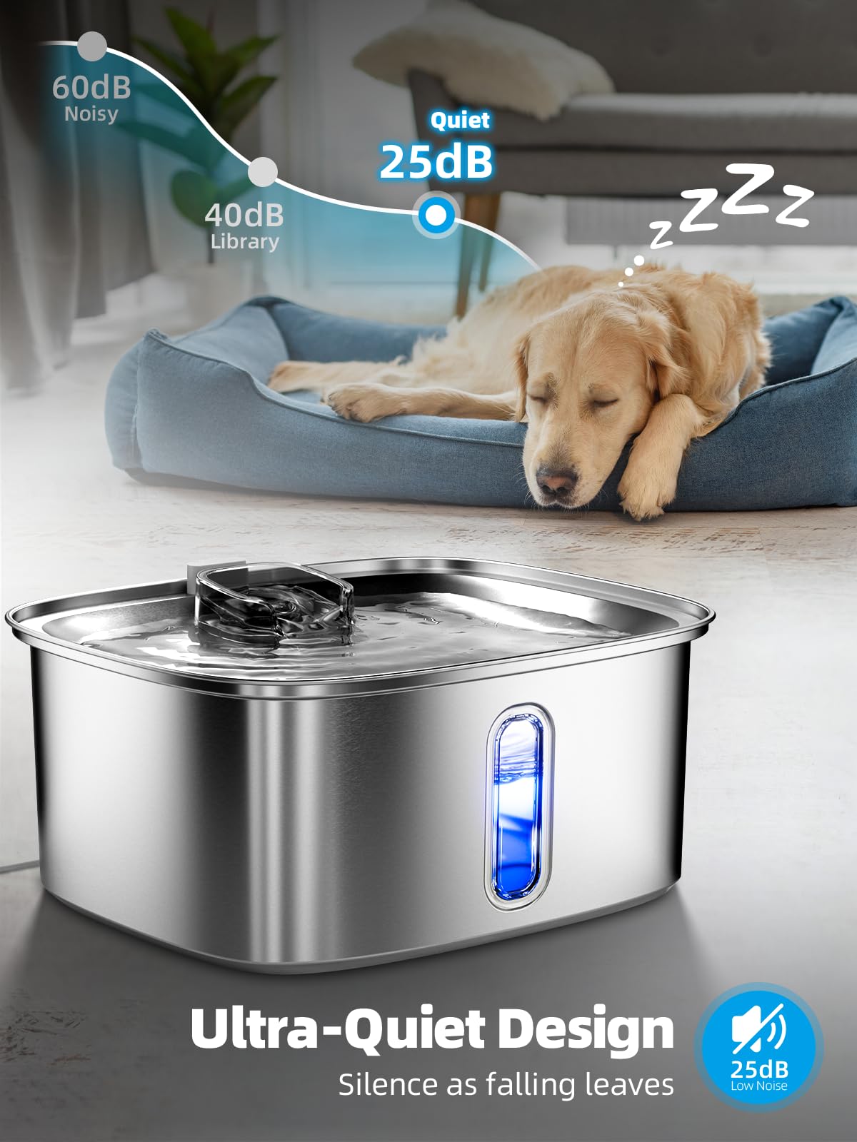 Dog Water Fountain for Large Dogs, 9L/2.4Gal Stainless Steel Dog Fountain with Water Level Window & Filtration, Automatic Pet Wa