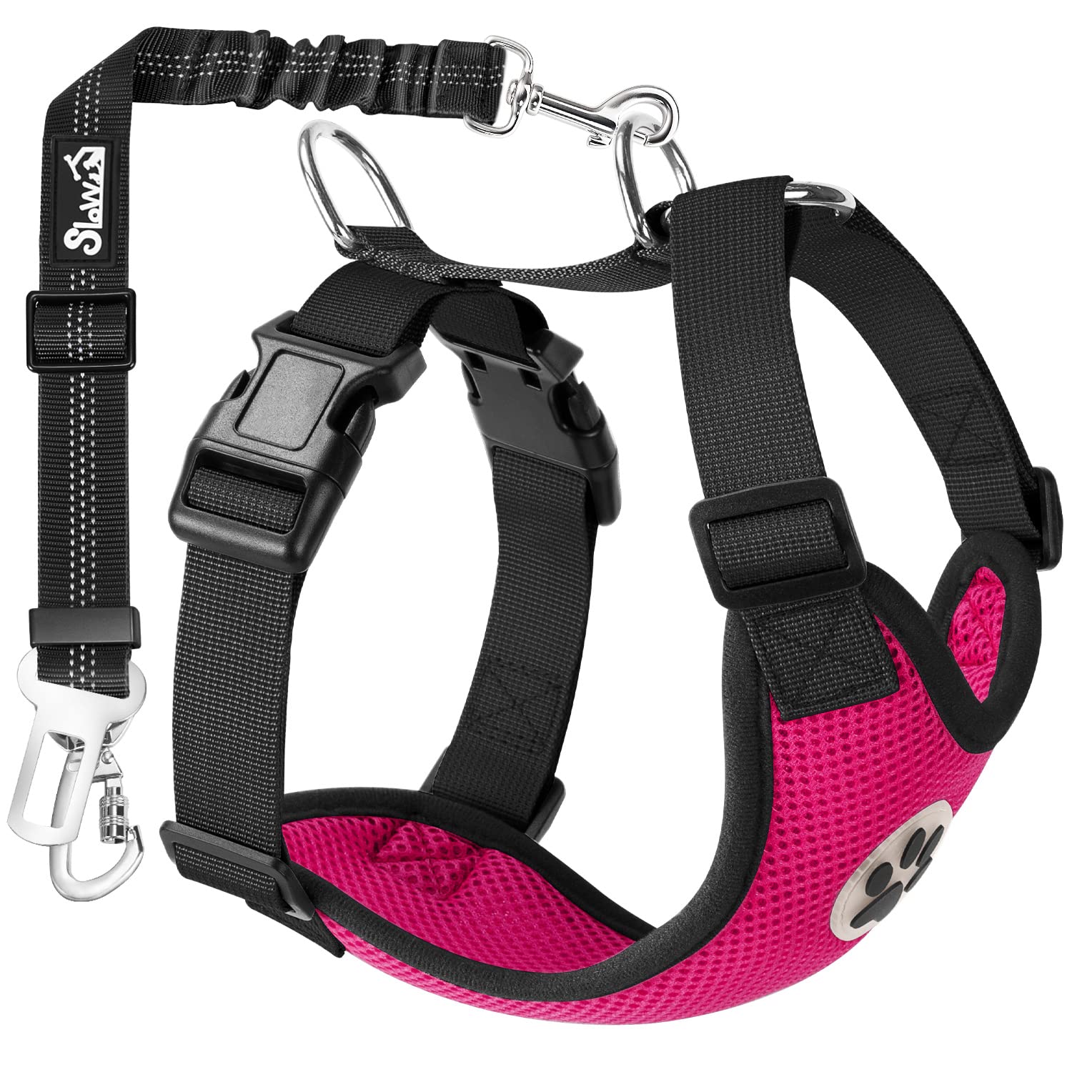 Slowton Dog Seat Belt Harness For Car, Dog Seatbelt Adjustable Bungee With Safety Belt Clip Carabiner & Dog Vest Harness Padded Mesh Breathable For Small Medium Large Dogs Puppies Cats (Rose,M)