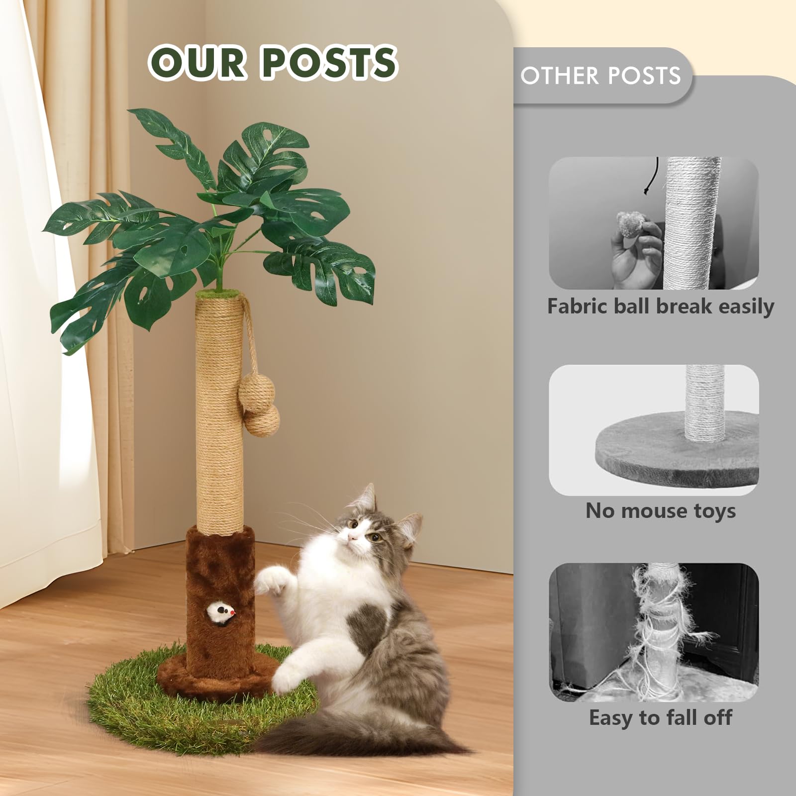 Woochpet Cat Scratching Posts Cat Trees 26.4'' Tall With Sisal Rope Cat Toy And Hanging Ball For Indoor,Wooden Palm Tree Cat Scr