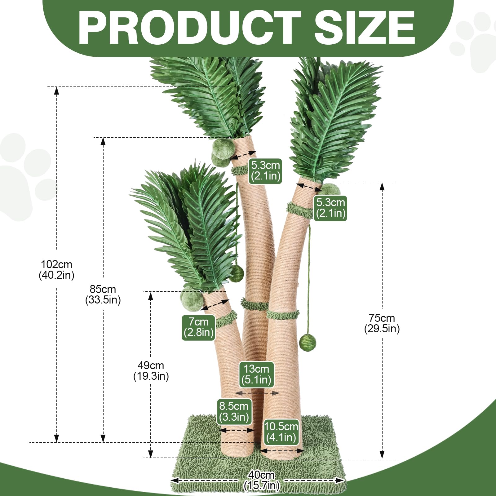 Furlogy 40'' Tall Cat Scratching Post, 3 Curved Design Palm Tree Cat Scratching Post With 8 Interactive Balls, Natural Sisal Rop