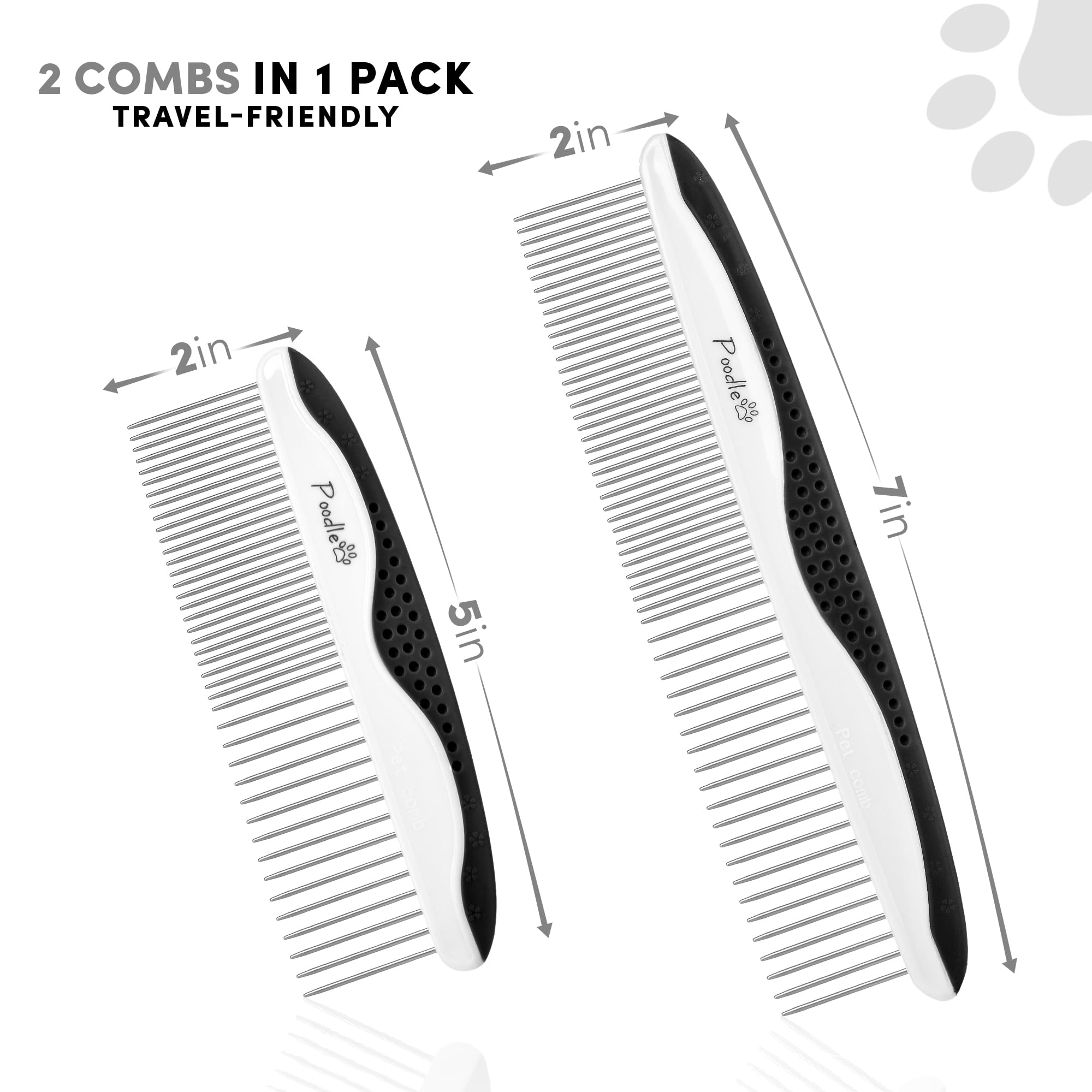 Poodle Pet Dog Combs for Grooming | 2 Pack | Stainless Steel Teeth Easily Remove Dirt | Proper Care Prevents Knots and Mats for