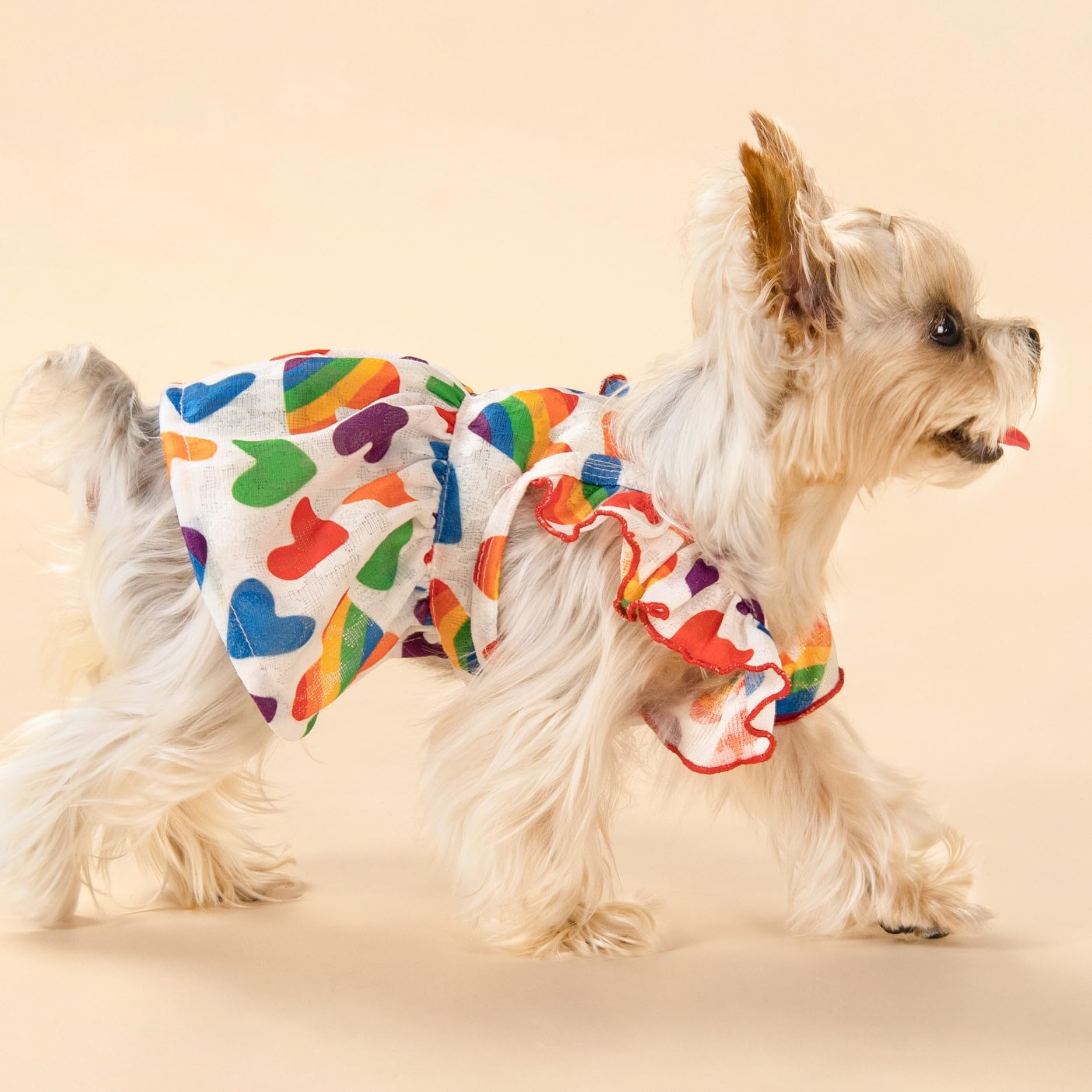 Fitwarm Colorful Heart Dog Dress, Summer Clothes For Small Dogs Girl, Cute Pet Rainbow Outfit, Red, Yellow, Blue, Green, White,