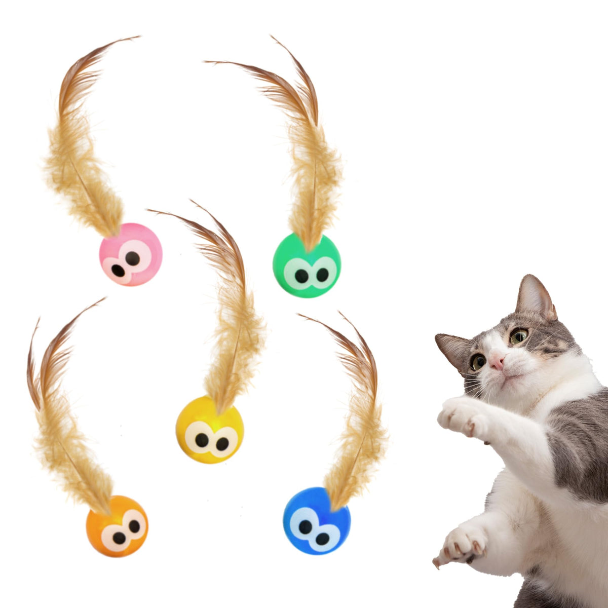 Bouncy Tails 5 Pack Interactive Bouncy Ball With Natural Feathers For Indoor Cats And Kittens Who Love To Play And Have Fun.