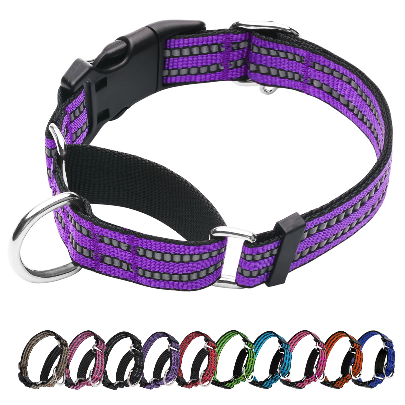 Joyeeiioo Martingale Dog Collar, Adjustable Nylon Reflective Collar With Quick Release Buckle (Real Purple, Large)