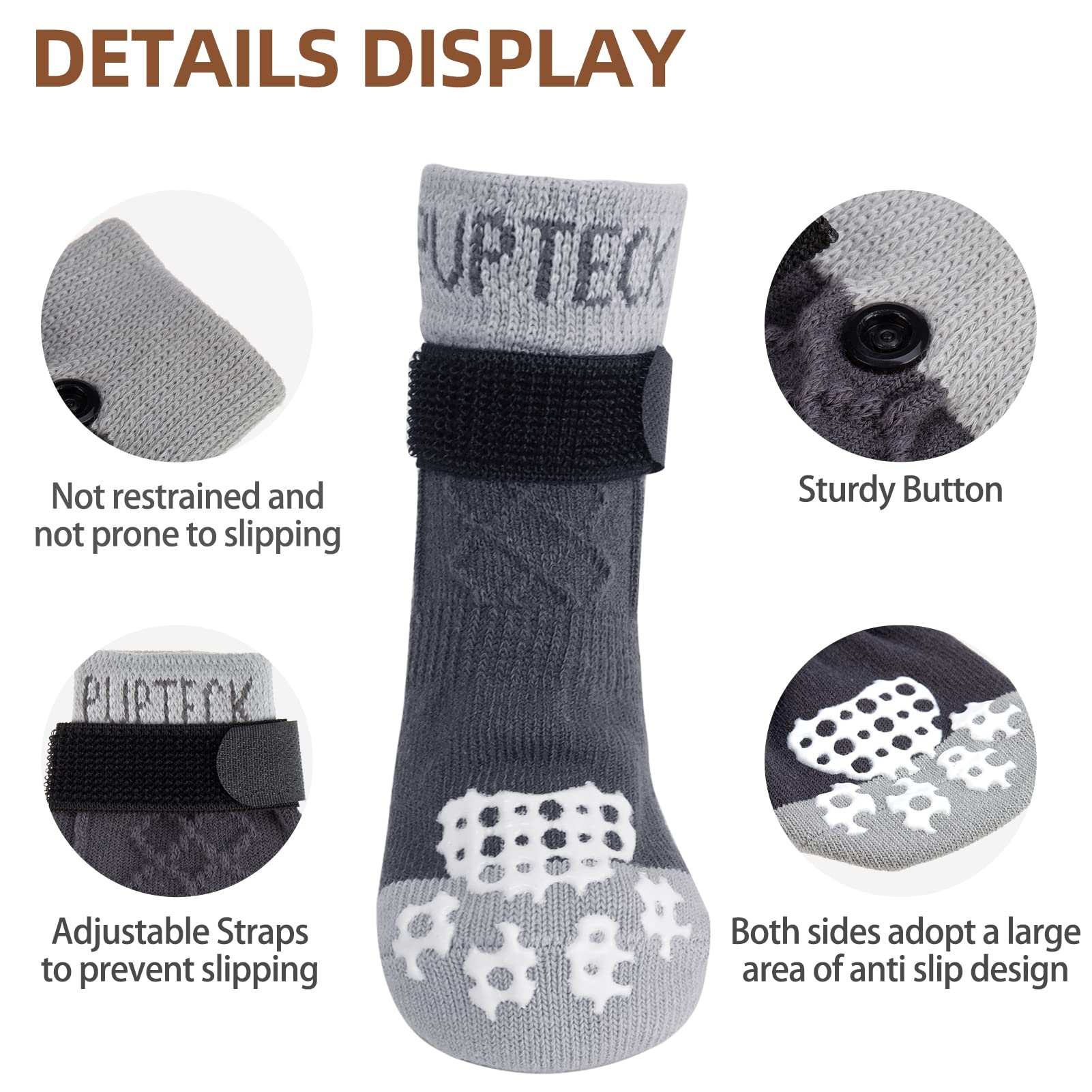 Pupteck Comfortable Anti-Slip Dog Socks 3 Pairs Soft Pet Paw Protection For Indoor Wear, Elastic Magic Straps For Small Medium Large Doggies Traction Control