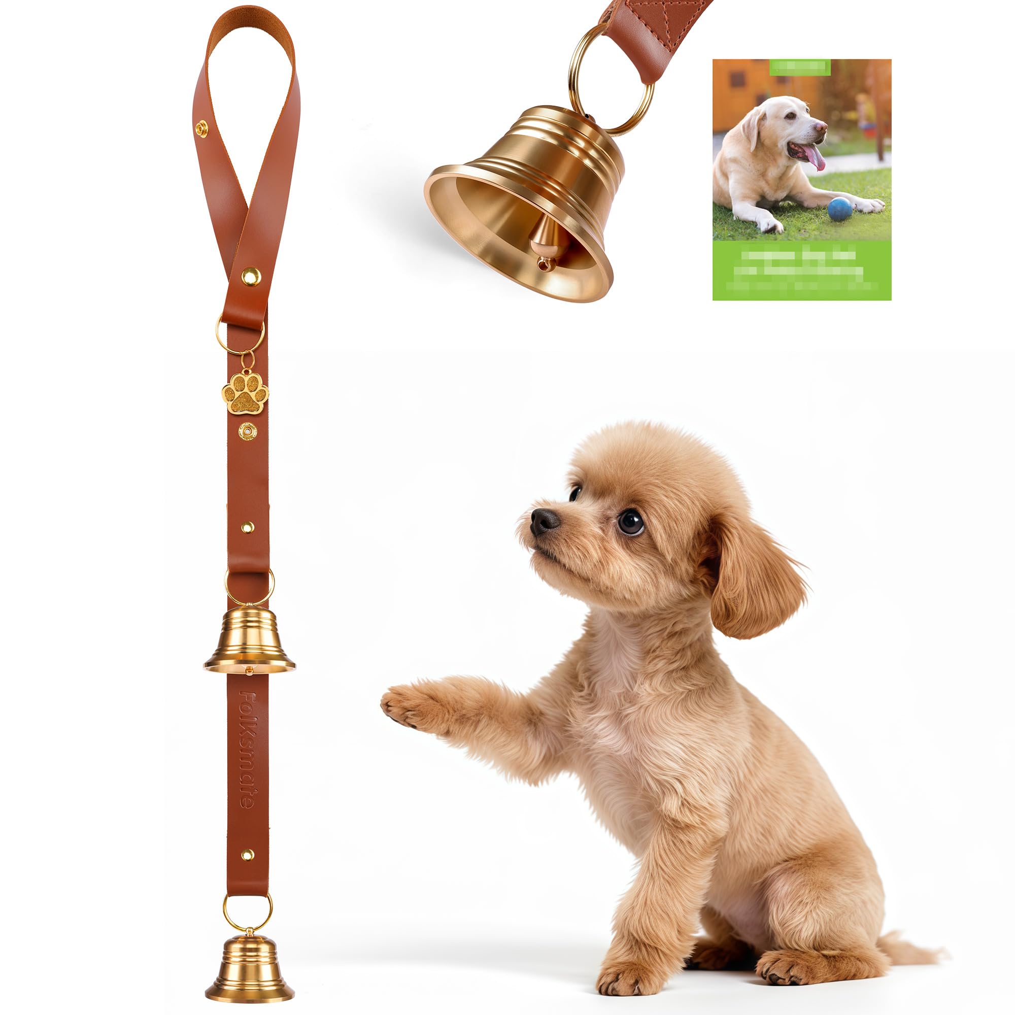 FOLKSMATE Leather Dog Door Bells for Potty Training, Big Brass Puppy Dog Door Bells Extra Loud for Dogs Training, Housebreaking,