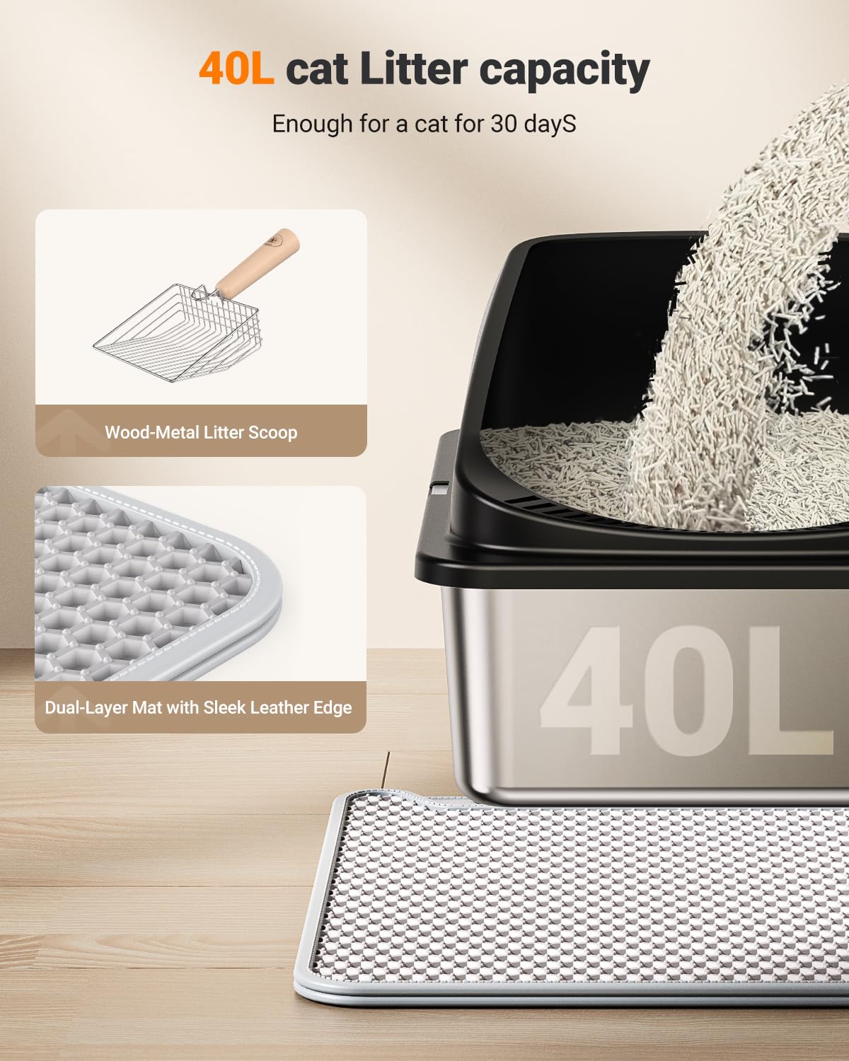 Pedibat Stainless Steel Cat Litter Box With Scoop, Metal Litter Box High Sided, Cat Litter Box Enclosure, Xl Extra Large High-Si