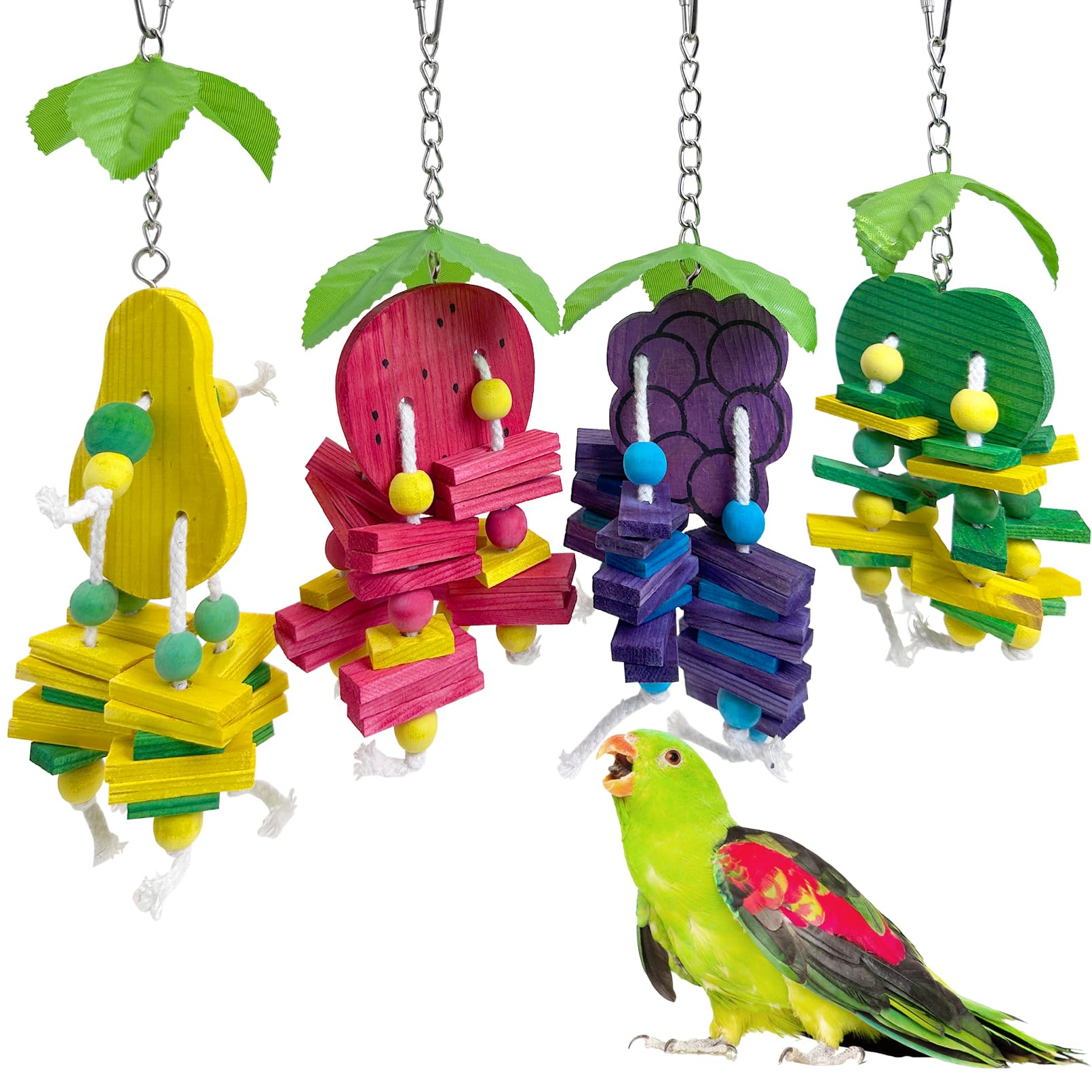Hamiledyi Natural Wood Block Bird Cage Toys Parrot Chewing Toy Apple&Grape&Pear&Strawberry Shaped Hanging Foraging Toy For Small