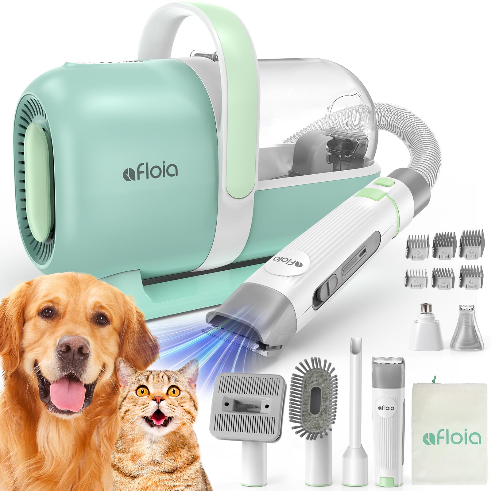 Afloia Dog Grooming Kit - Pet Vacuum & Clippers Nail Trimmer Grinder & Brush for Shedding with 6 Pet Grooming Tools, Low Noise D