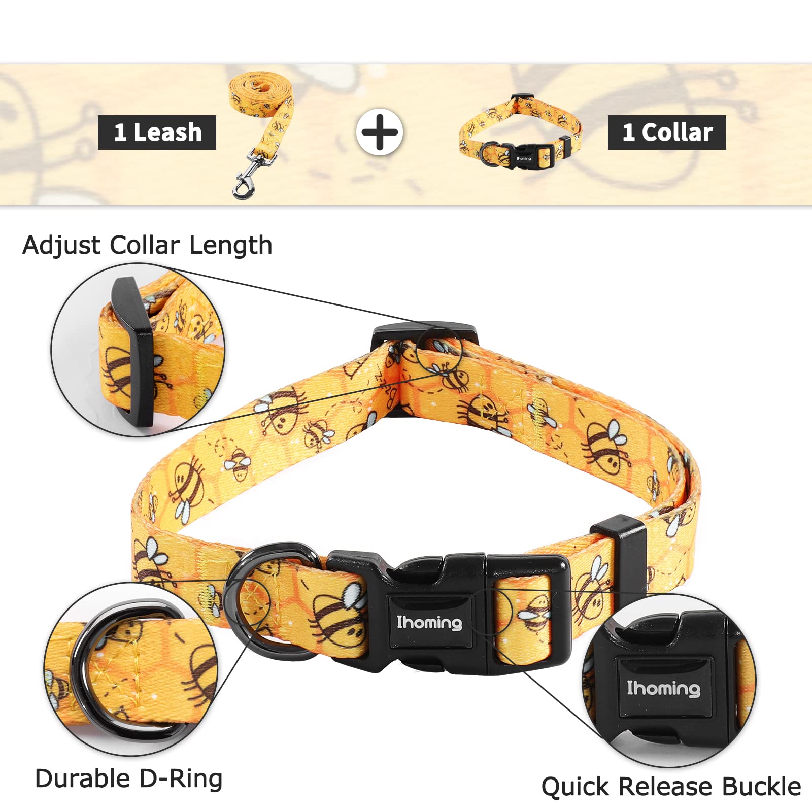 Ihoming Dog Collar And Leash Set For Daily Outdoor Walking Running Training, Bee Design For Medium Boys Girls Dogs Cats Pets, M-Up To 45Lbs