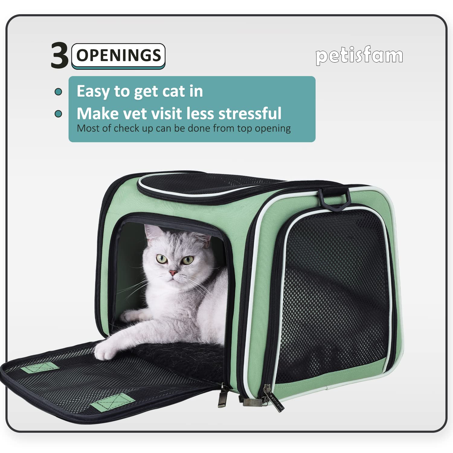 petisfam Top Load Cat Carrier for Medium Cats and Small Dogs with Washable Cozy Bed, 3 Doors and Shoulder Strap. Easy to get cat