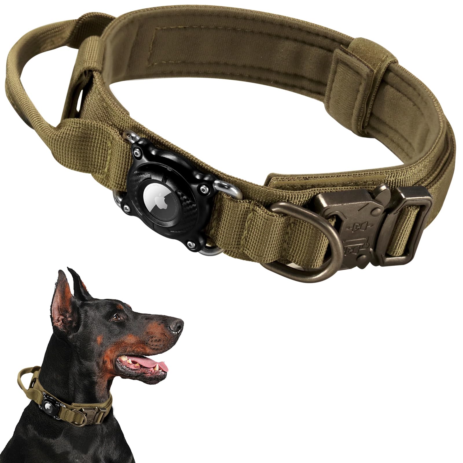 TAGHELP Personalized Tactical Dog Collar with Waterproof airtag Holder & Name Phone Number, Heavy Duty Nylon Military Dog Collar