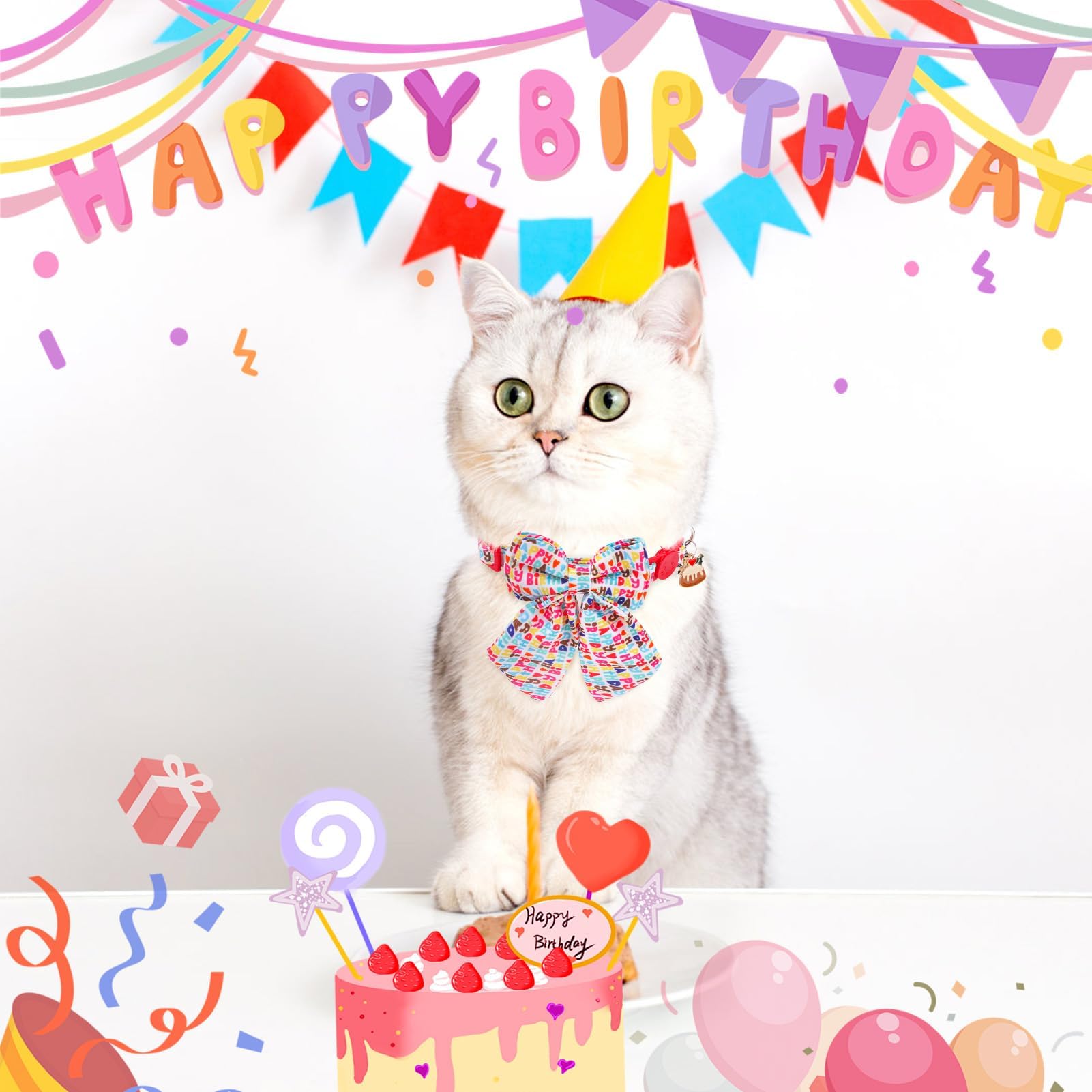 Scenereal Birthday Cat Collar With Bell & Stylish Bowtie, Breakaway Cat Collars Accessories For Boy Girl Small Cats, Holiday Kit
