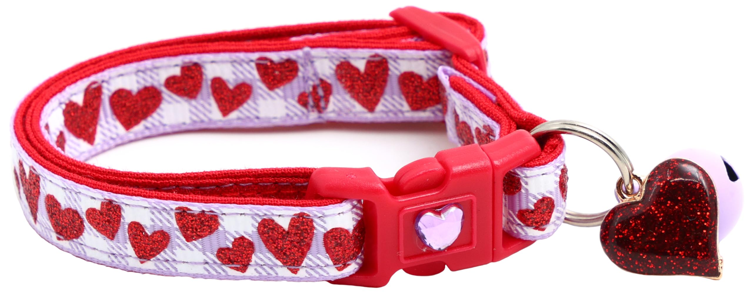 Valentines Day Cat Collar With Bell | Safety Breakaway Collar | Adjustable Large Size Or Kitten Collar (Red Glitter Heart On Lig