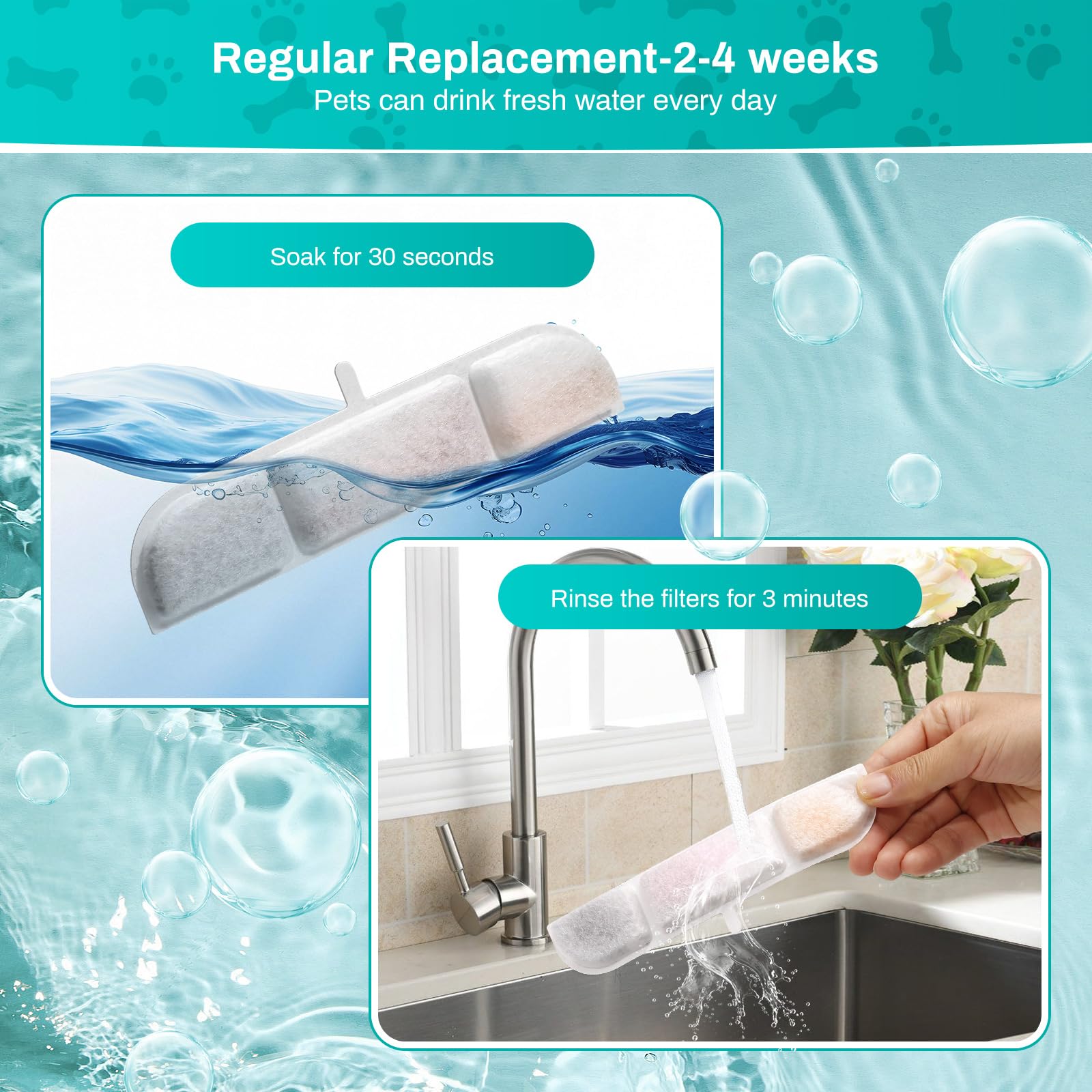 Cat Fountain Filter, 6 Packs Replacement Filters For Battery Operated Cat Water Fountain, 6 Pcs Pet Fountain Filter & 6 Pcs Spon