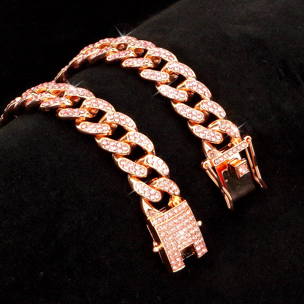 Pink Diamond Cuban Link Choker Collar For Girls' Medium Dogs