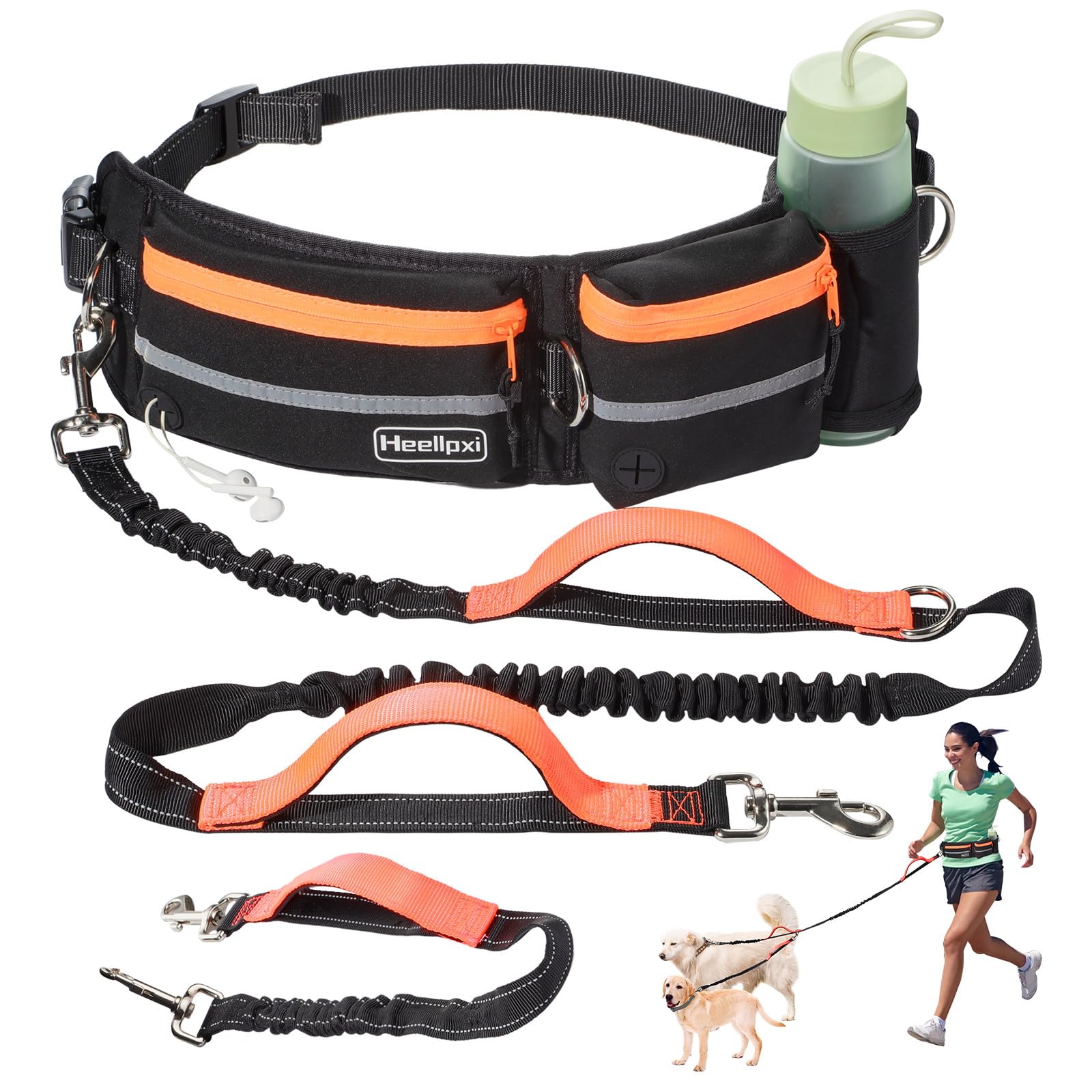Heellpxi Hands-Free Waist Leash With Pouch For Two Dogs: Reflective Stitching, Dual Handle & Bungee Retractable Design - Ideal F