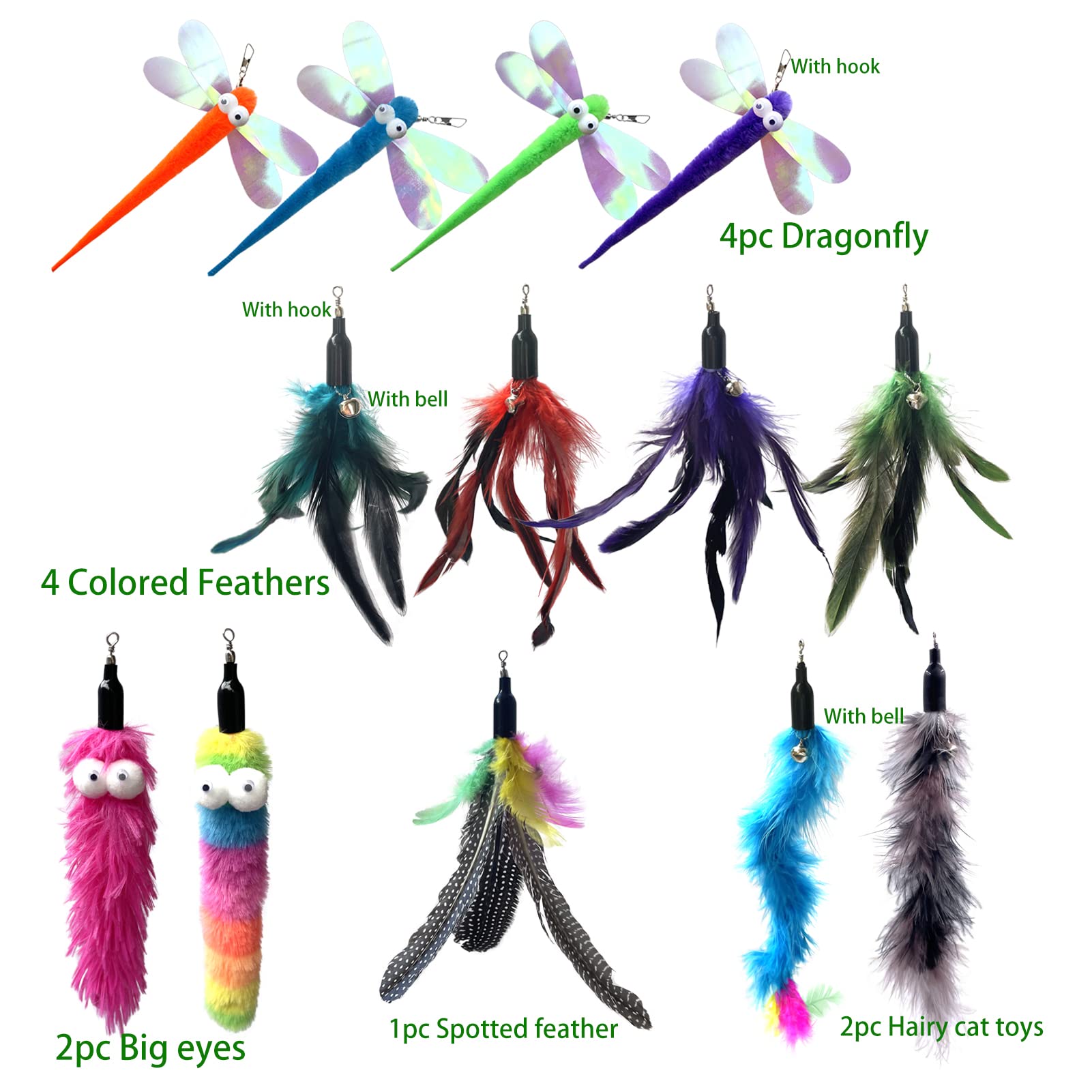 Cat Worm & Dragonfly Teaser Wand Attachments - 13 Pcs Assorted Refills With Bell