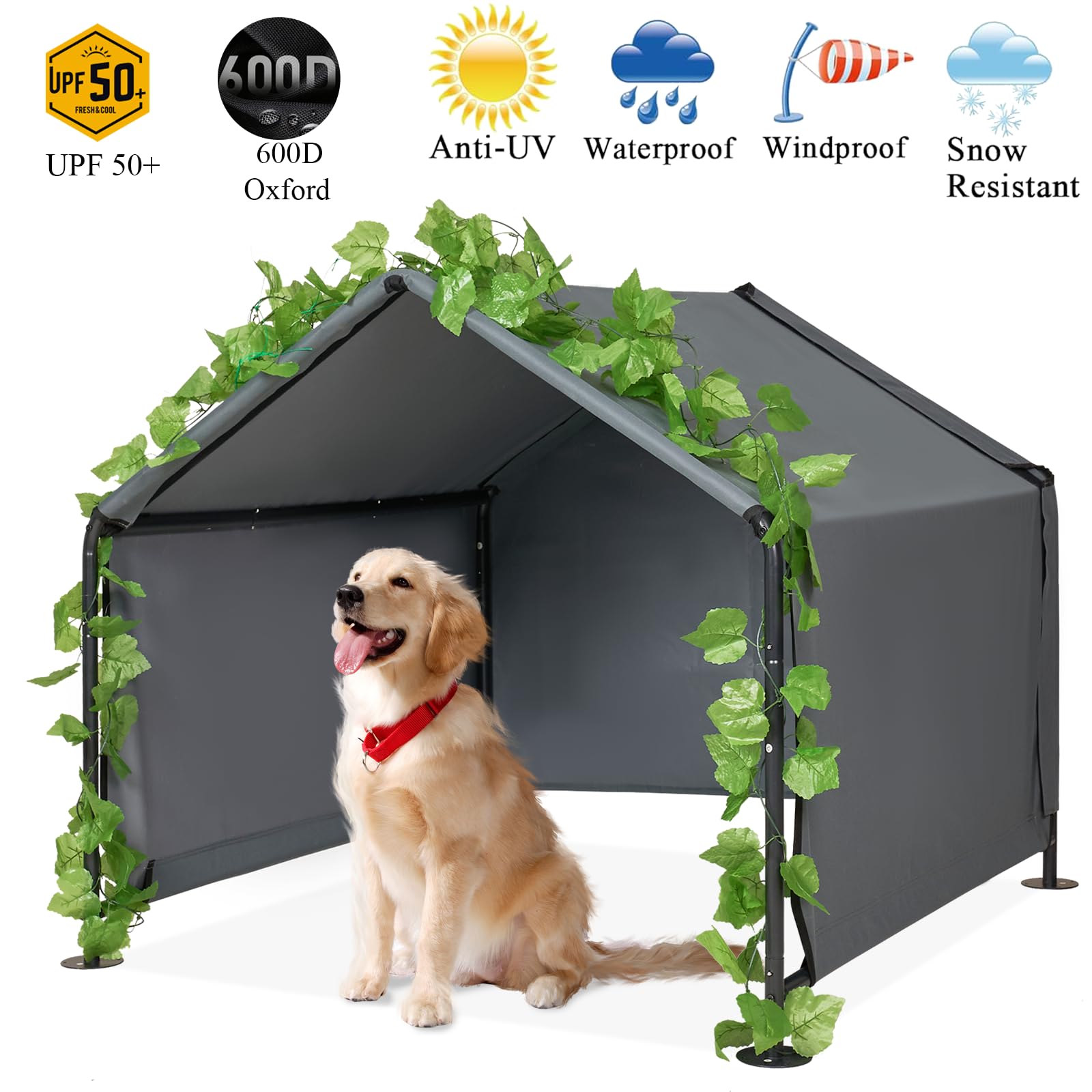 Large Dog Shade For Outside - Litail Outdoor Dog Kennel For Small Dogs, 4.1'X4.1'X3.6' Outdoor Sun Rain Canopy Pet House, Waterp