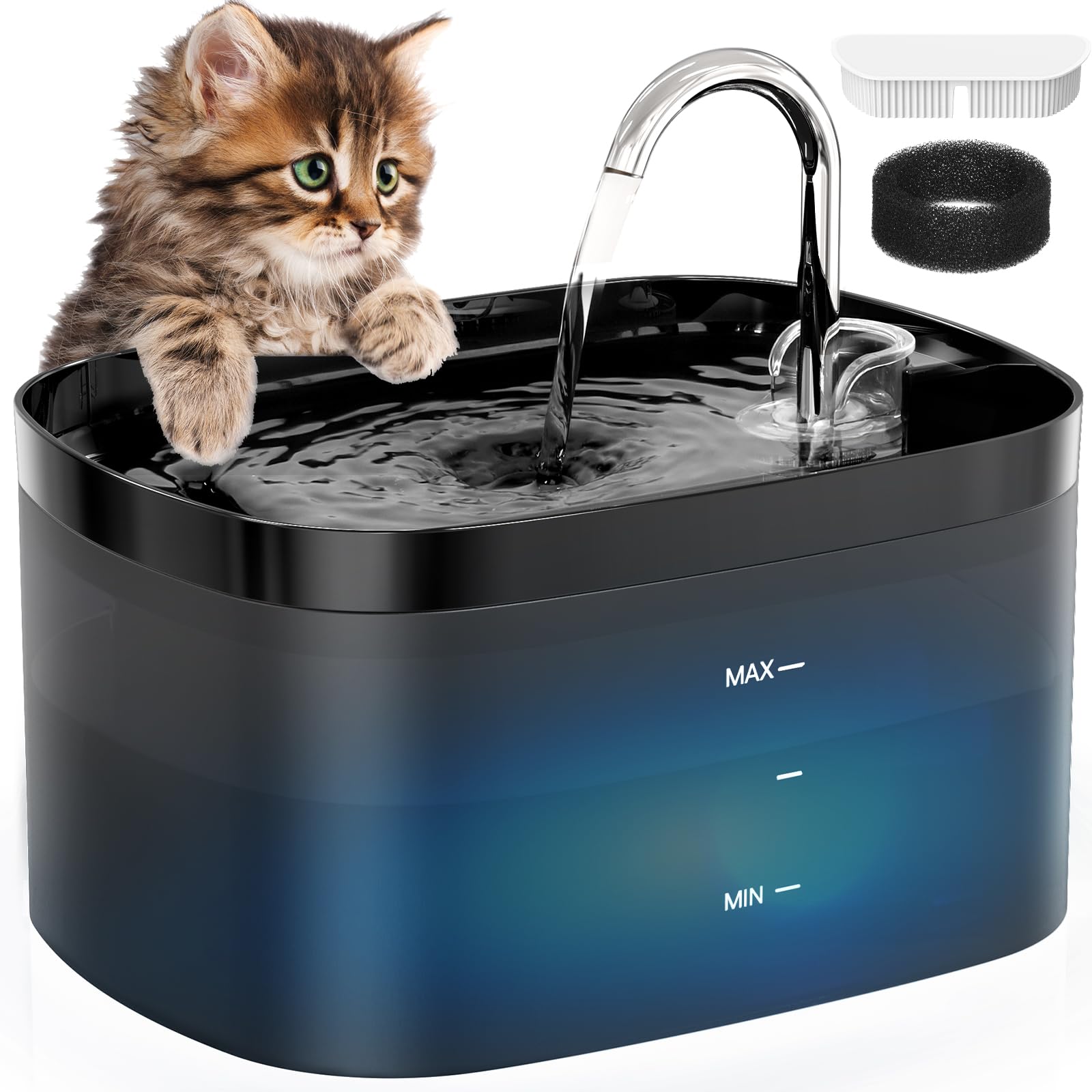Cat Water Fountain, 84Oz/2.5L Cat Fountain, Super Silent Pet Water Fountain, Activated Carbon Filter, Translucent Pet Water Disp