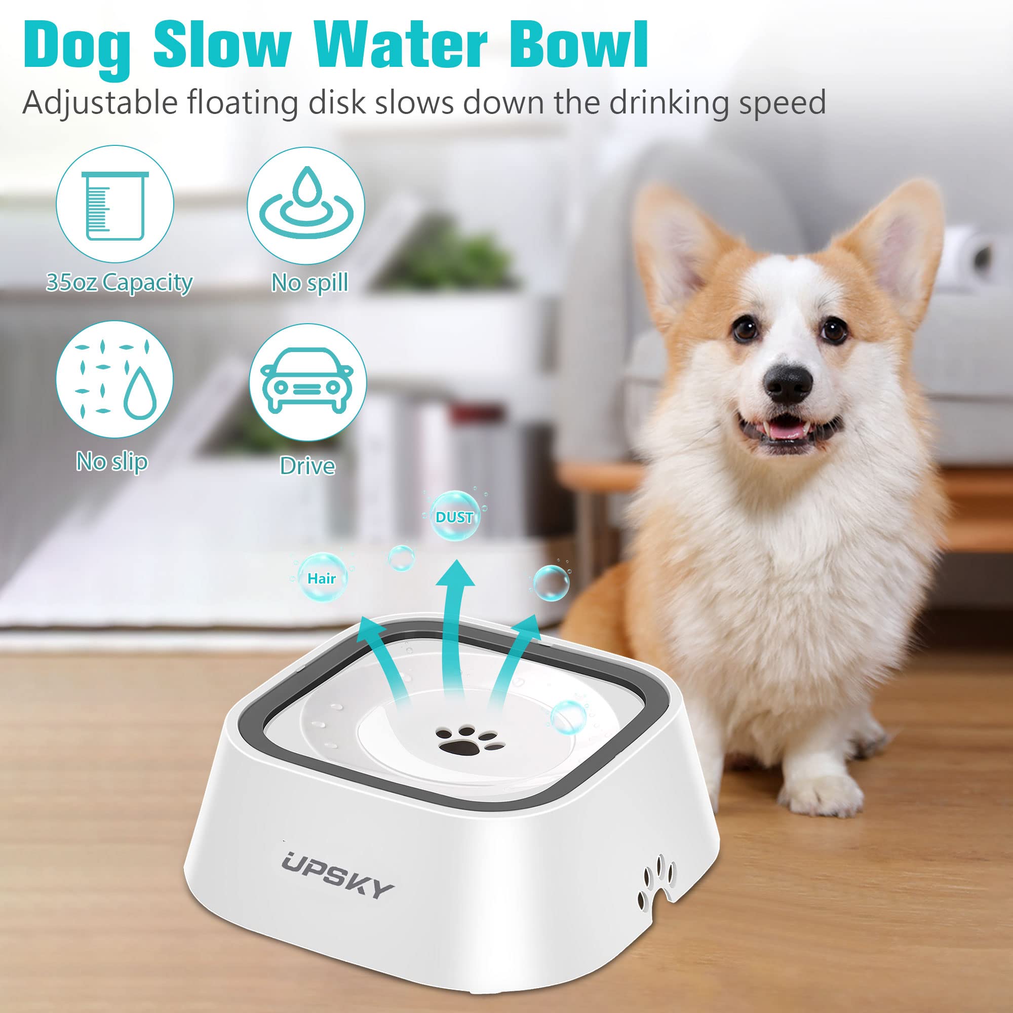 Upsky No-Slip Slow Drinking Bowl For Dogs And Cats - 35Oz No Spill, No Drip Pet Water Dispenser