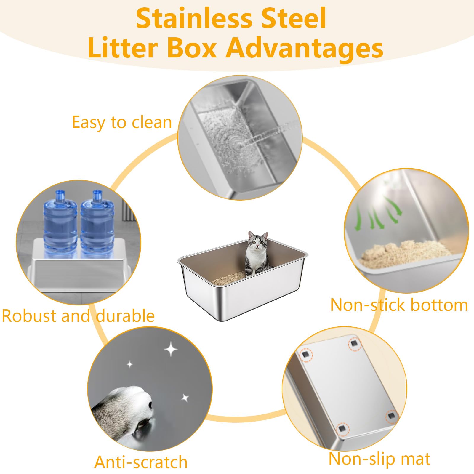 8'' Deep Stainless Steel Litter Box With Lid, Xl Litter Boxes For Big Cats, Metal High Sided Litter Box, Anti-Stick And Anti-Lea