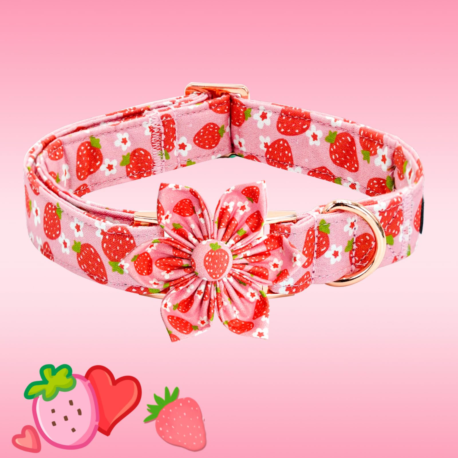 Elegant Little Tail Spring Dog Collar, Flower Strawberry Print Cotton Soft Female Dog Collar, Adjustable, 16-26 Inches, Pink, Un