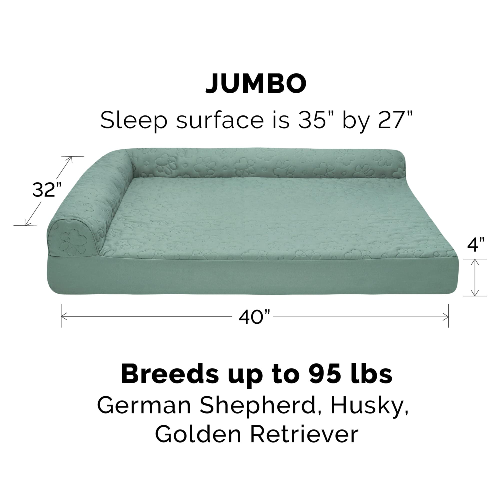Furhaven Orthopedic Dog Bed For Large Dogs W/ Removable Bolsters & Washable Cover, For Dogs Up To 95 Lbs - Pinsonic Quilted Paw L Shaped Chaise - Iceberg Green, Jumbo/Xl