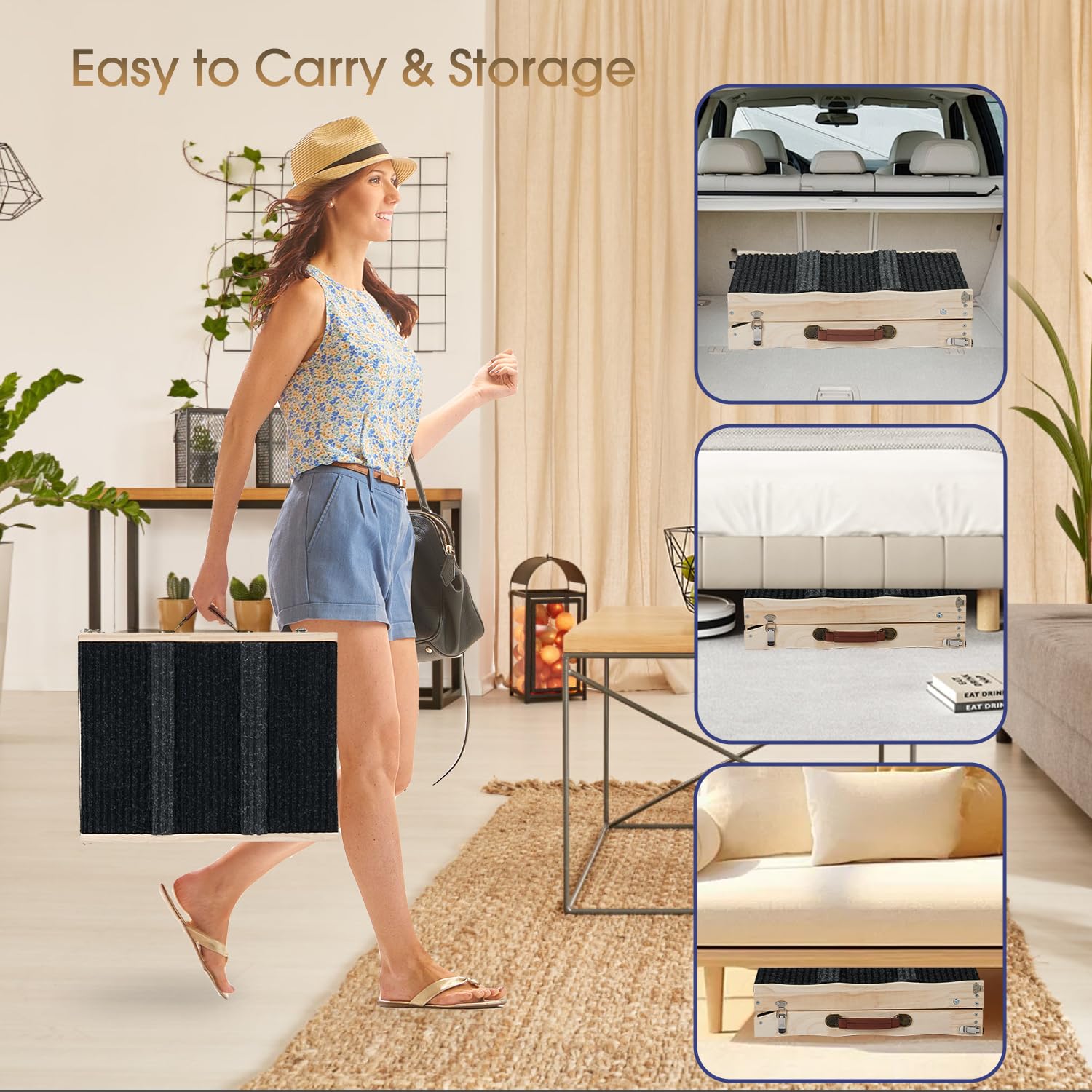 Dog Ramps For Couch - Small To Medium Dogs And Cats Use - Non-Slip, Sturdy Build Foldable Ramp - Wooden Portable Dog Ramp Perfec