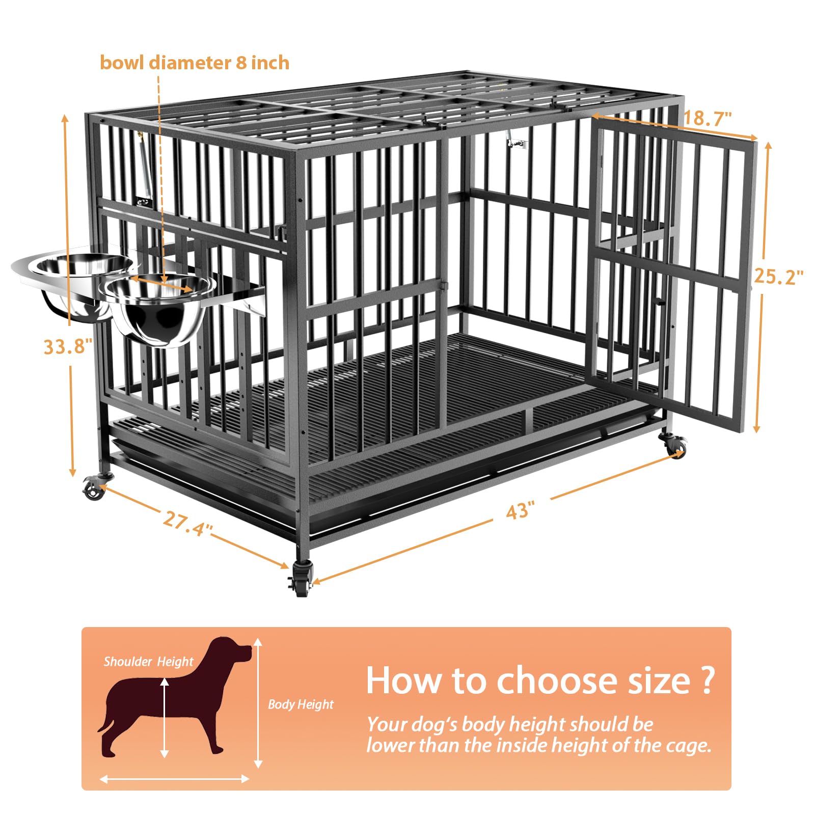 LOVMOR 43" Heavy Duty Dog Crate, Alloy Steel, Black, Adjustable Bowls, Model nvl00258