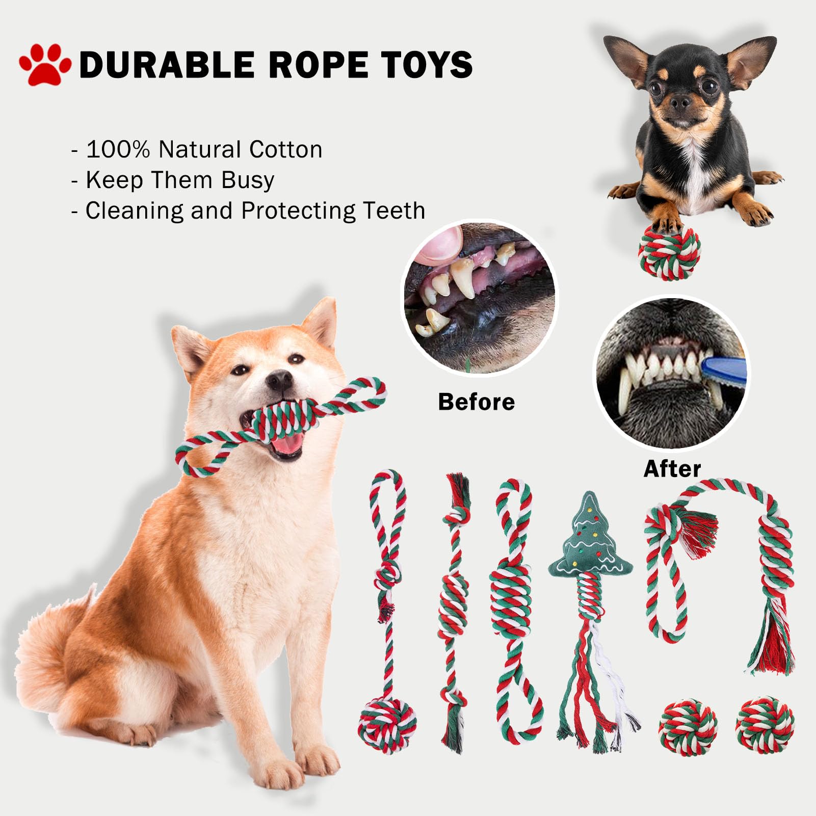 Scenereal Christmas Dog Toys Bulk 20 Pack, Puppy Squeaky Chew Toys For Busy Boredom, Chewing, Teething, Pet Plush Dolls Rope Bal