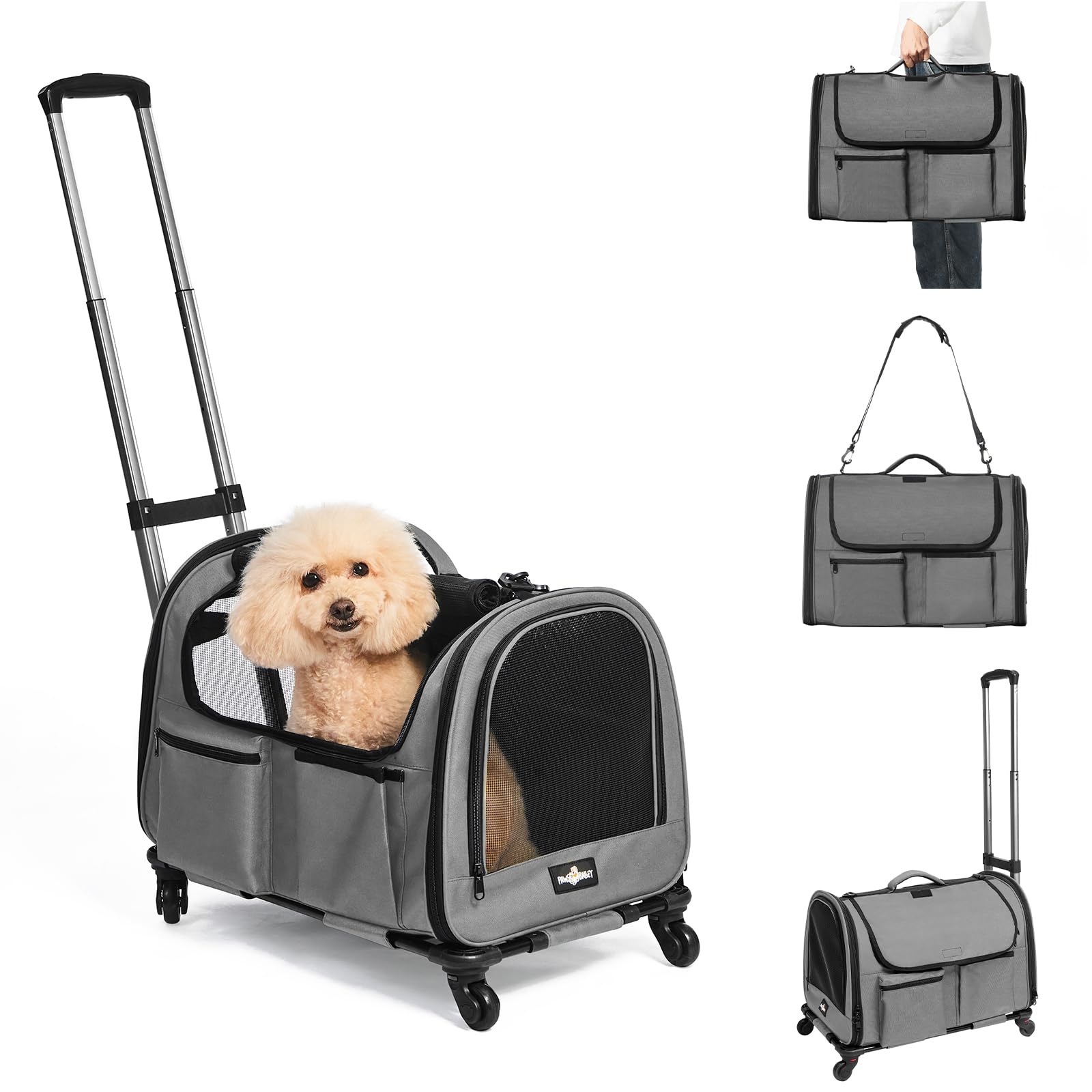 Paw Ballet Large Cat Carrier With Wheels, Foldable Rolling Pet Dog Carrier With Wheels And Big Pocket, Cat Carrier Travel Bag Fo