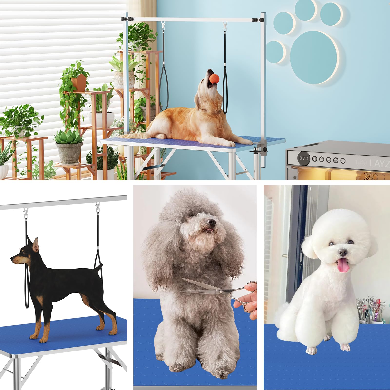 36 Professional Dog Pet Grooming Table Heavy Duty Adjustable with Overhead Arm, Two Grooming Noose Mesh Tray Blue