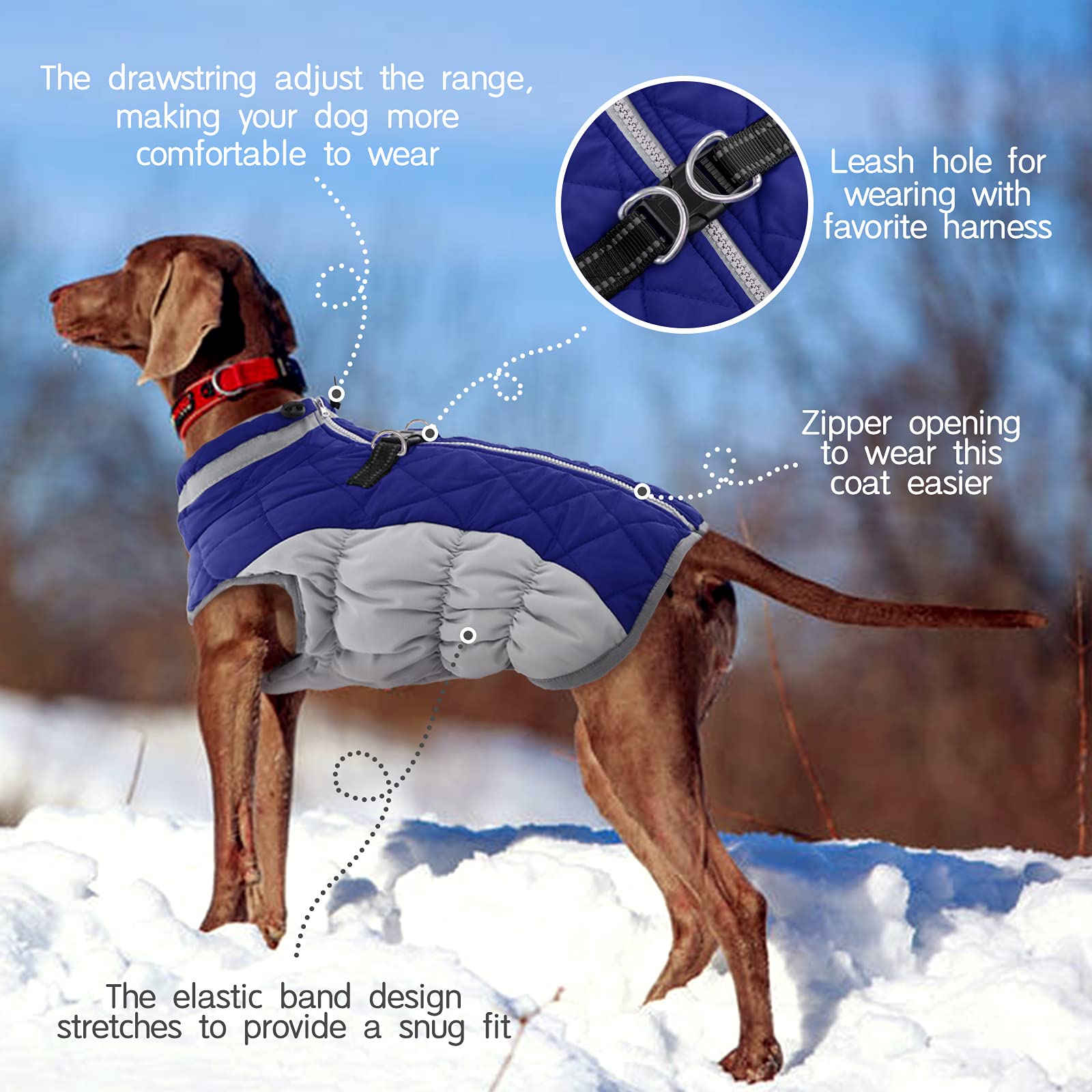 Fuamey Warm Dog Jacket, Winter Coat With Padded Fleece, Reflective Vest, Built-In Harness, Waterproof & Windproof, Blue, X-Small
