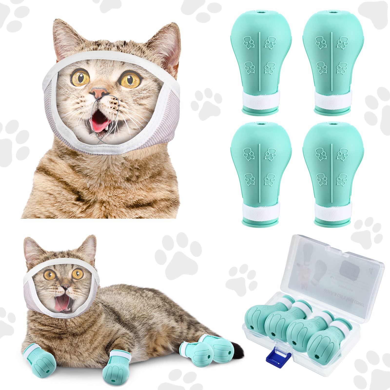 Hillban Cat Muzzle For Grooming With 4 Silicone Boots Breathable Transparent Face Guard Silicone Cat Claw Covers Anti Scratch Bo
