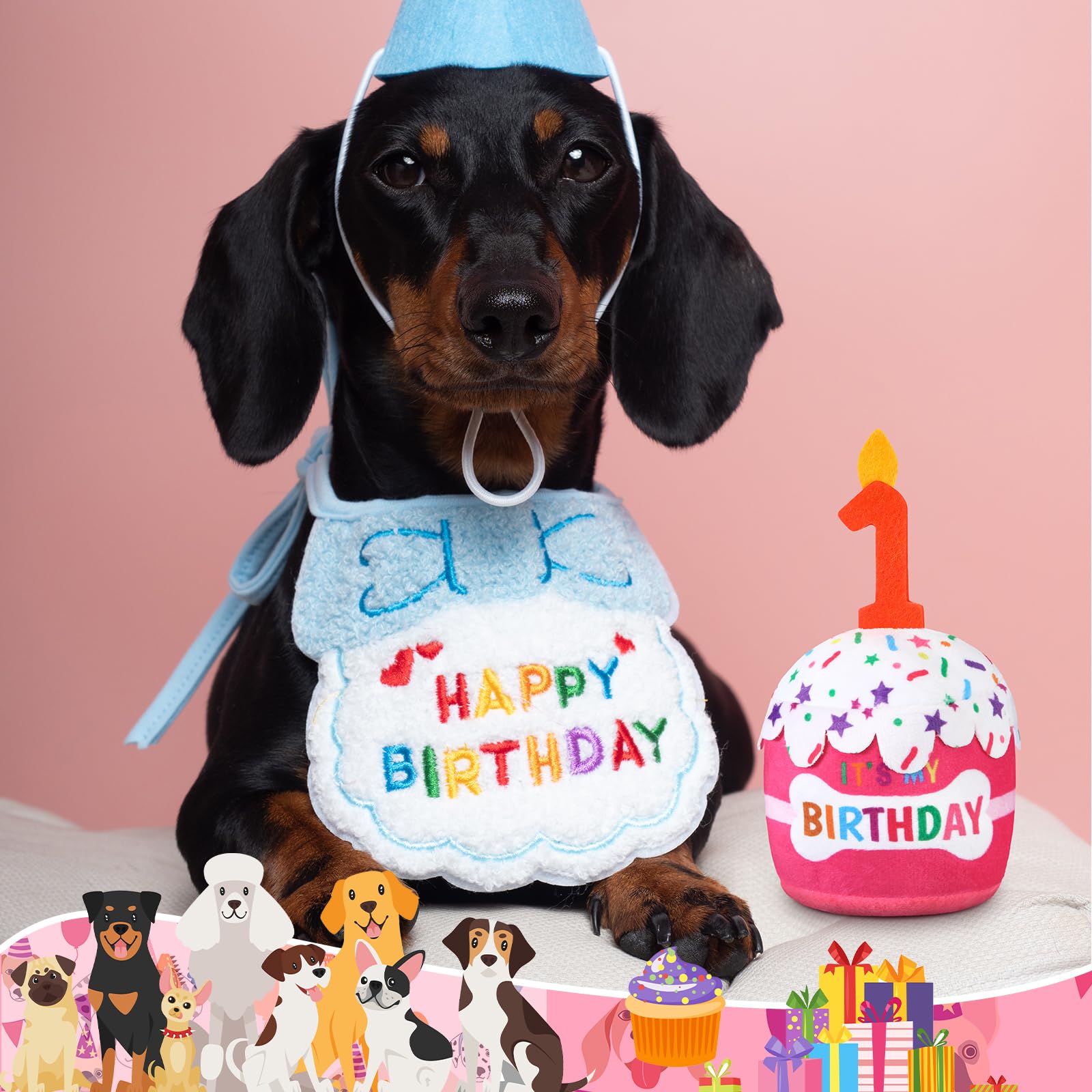 Dansydaisy Dog 1St Birthday Cake Toy Accessories For Girl Boy Gifts, Pink Squeaky Plush Toy For Dog Birthday Party Decor Favor F