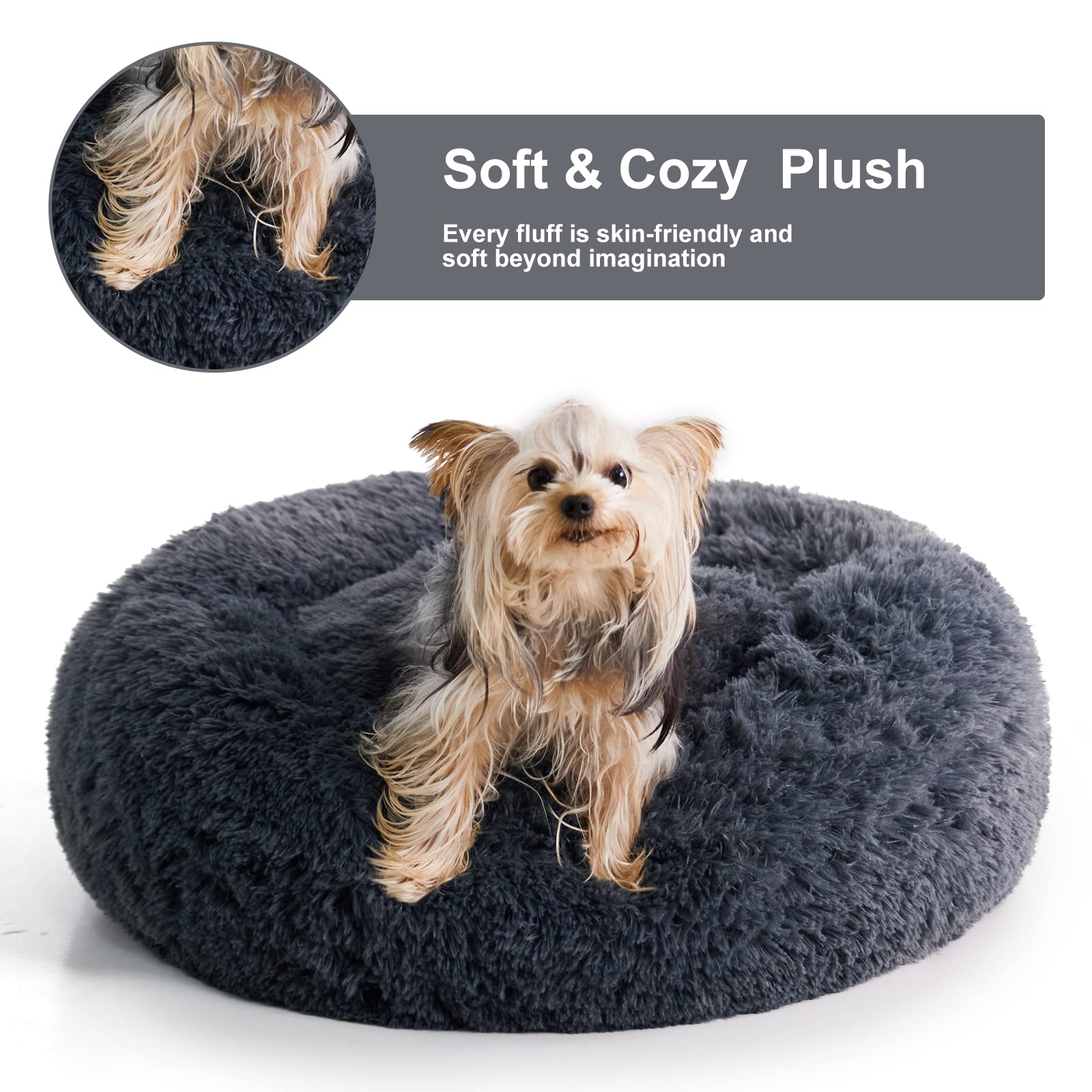 Wnpethome Calming Dog Bed For Large Dogs, Anti-Anxiety Donut Dog Bed, 36''L X 36''W X 10''Th, Navy Grey, Faux Fur