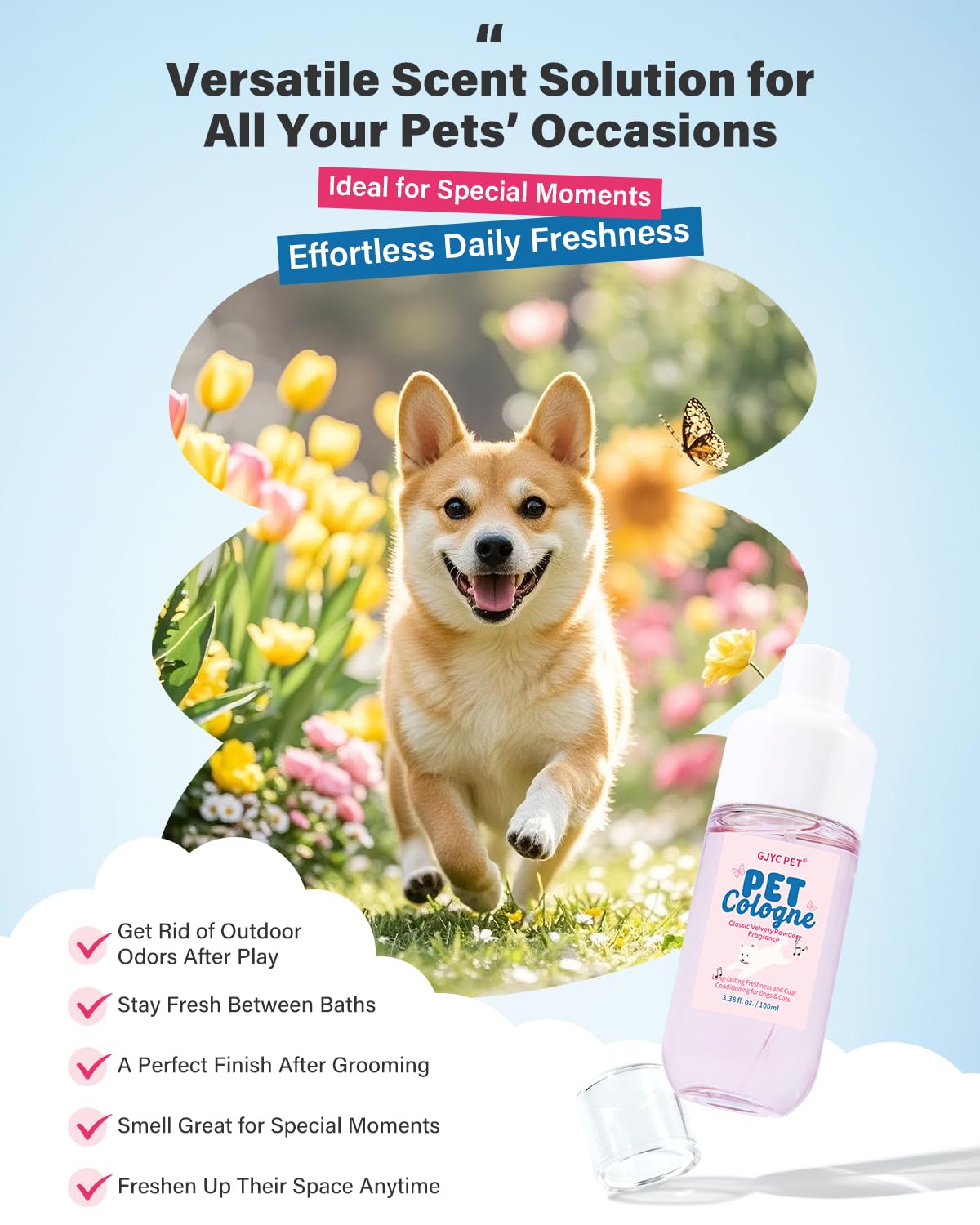 Gjyc Pet Dog & Cat Cologne | Long-Lasting Classic Powdery Scent | Fur-Conditioning, Non-Sticky Odor Control Formula | Travel-Fri