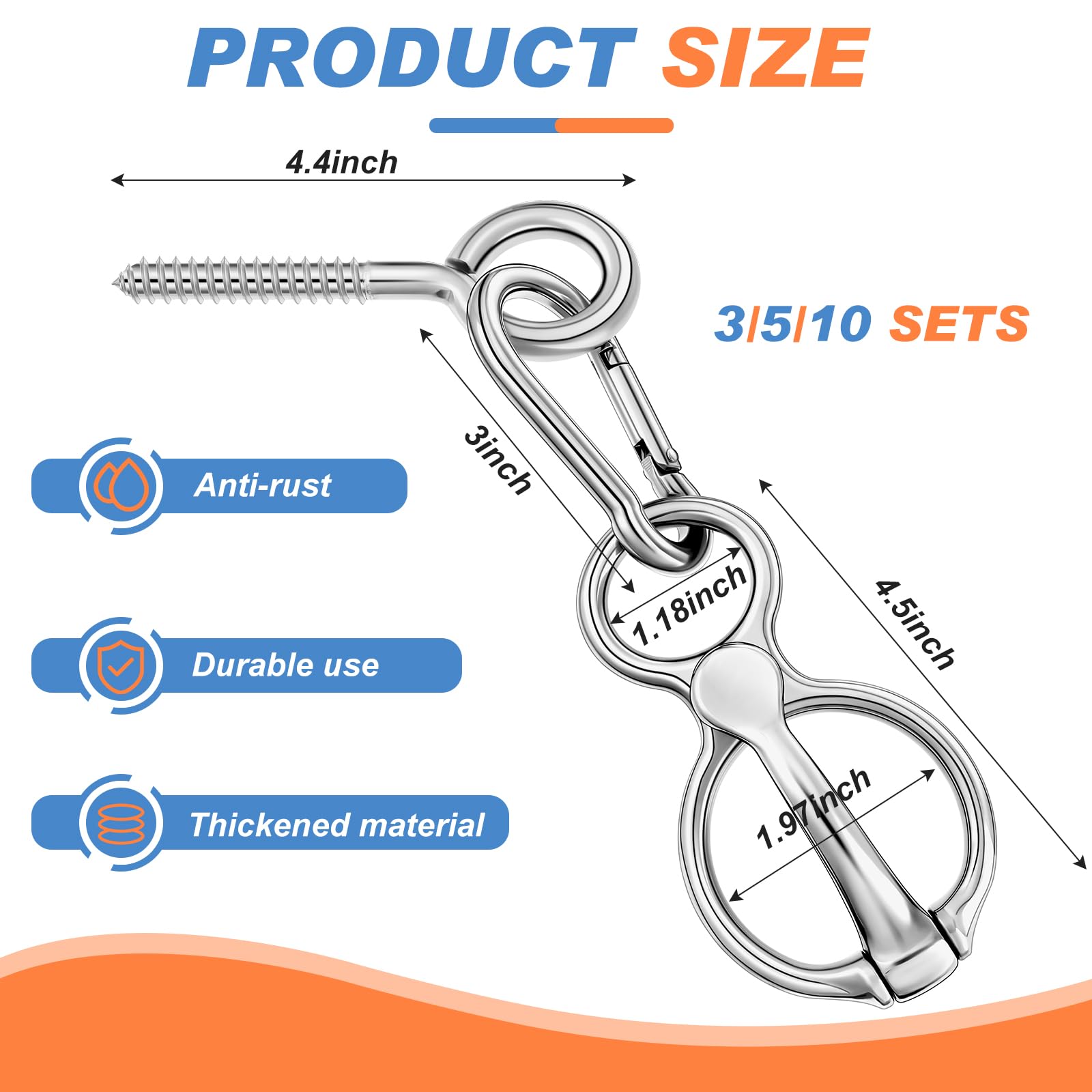 Nuenen Horse Tie Ring Stainless Steel Horse Tack And Supplies Safety Horse Accessories With Eye Bolts And Snaps Saddle Horse Training Equipment For Pulling Back, Silver (3 Sets)