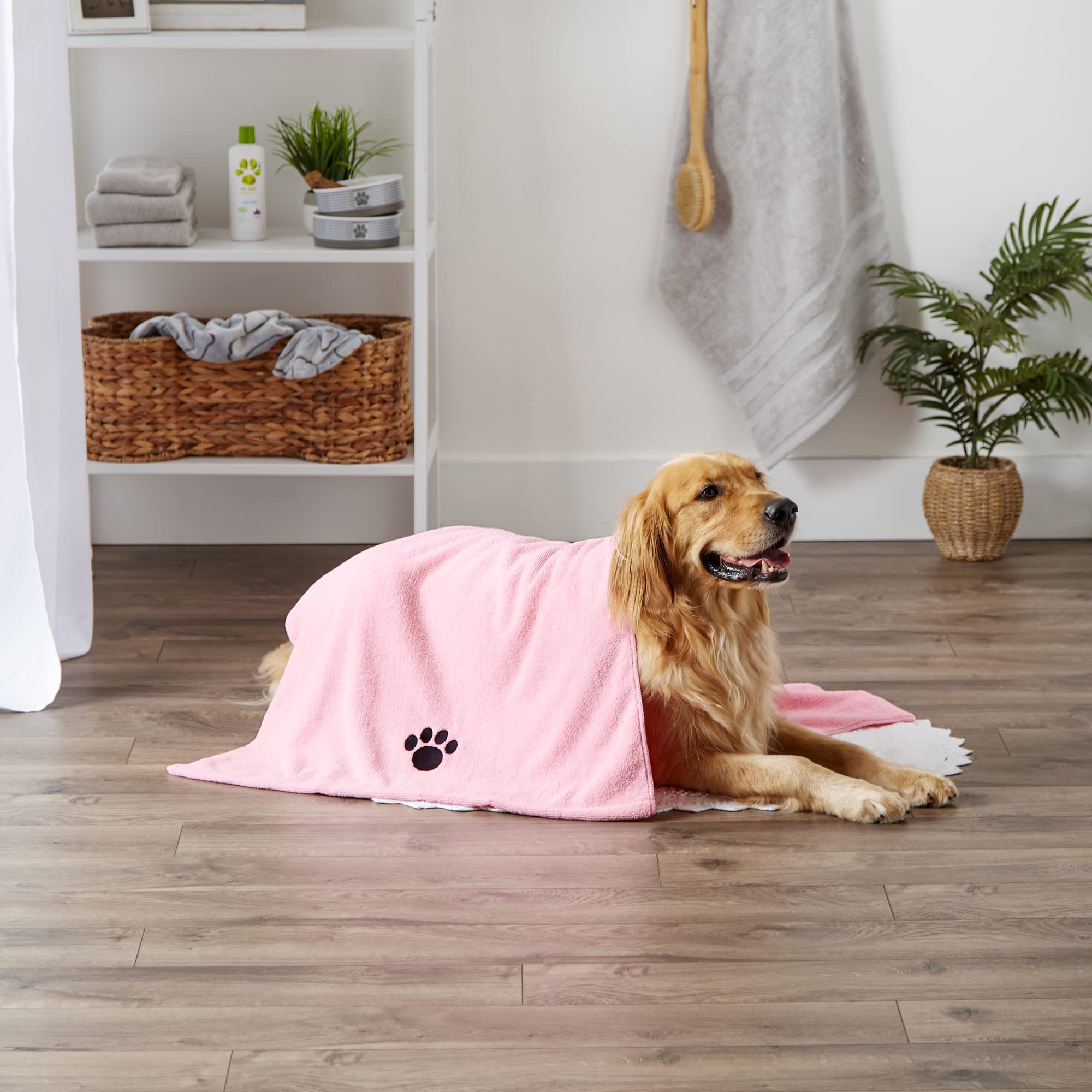 Bone Dry Pet Grooming Microfiber Towel, Embroidered Collection, X-Large,41x23.5, Pink