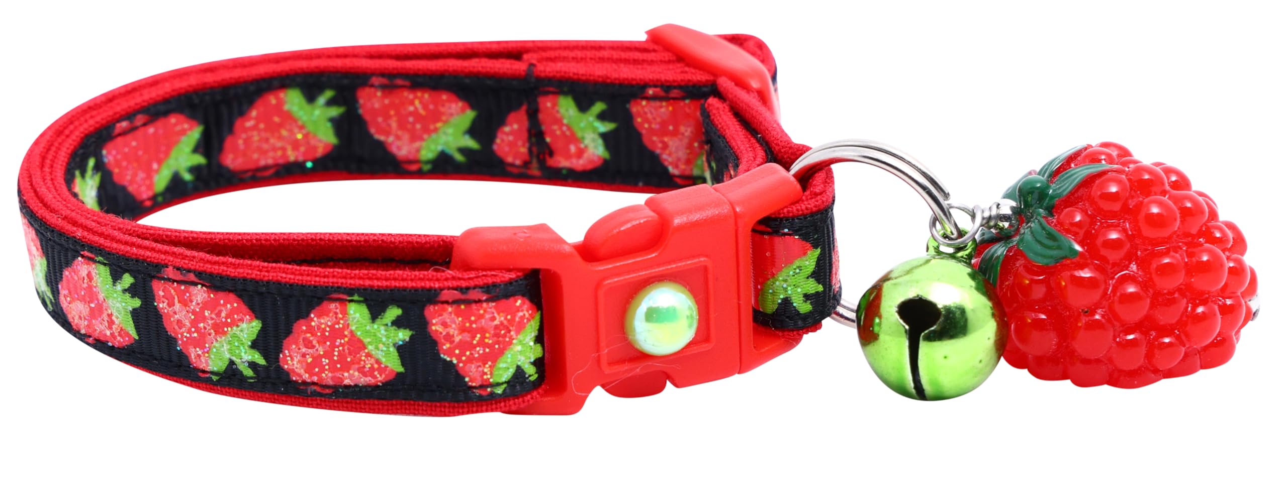 Raspberry Cat Collar With Charm & Bell | Safety Breakaway Collar | Adjustable Large Size Or Kitten Collar (Black, Small(10Lbs & 