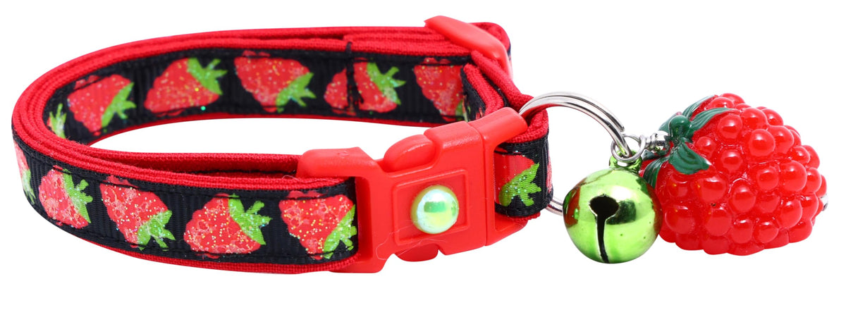 Raspberry Cat Collar With Charm & Bell | Safety Breakaway Collar | Adjustable Large Size Or Kitten Collar (Black, Small(10Lbs & 