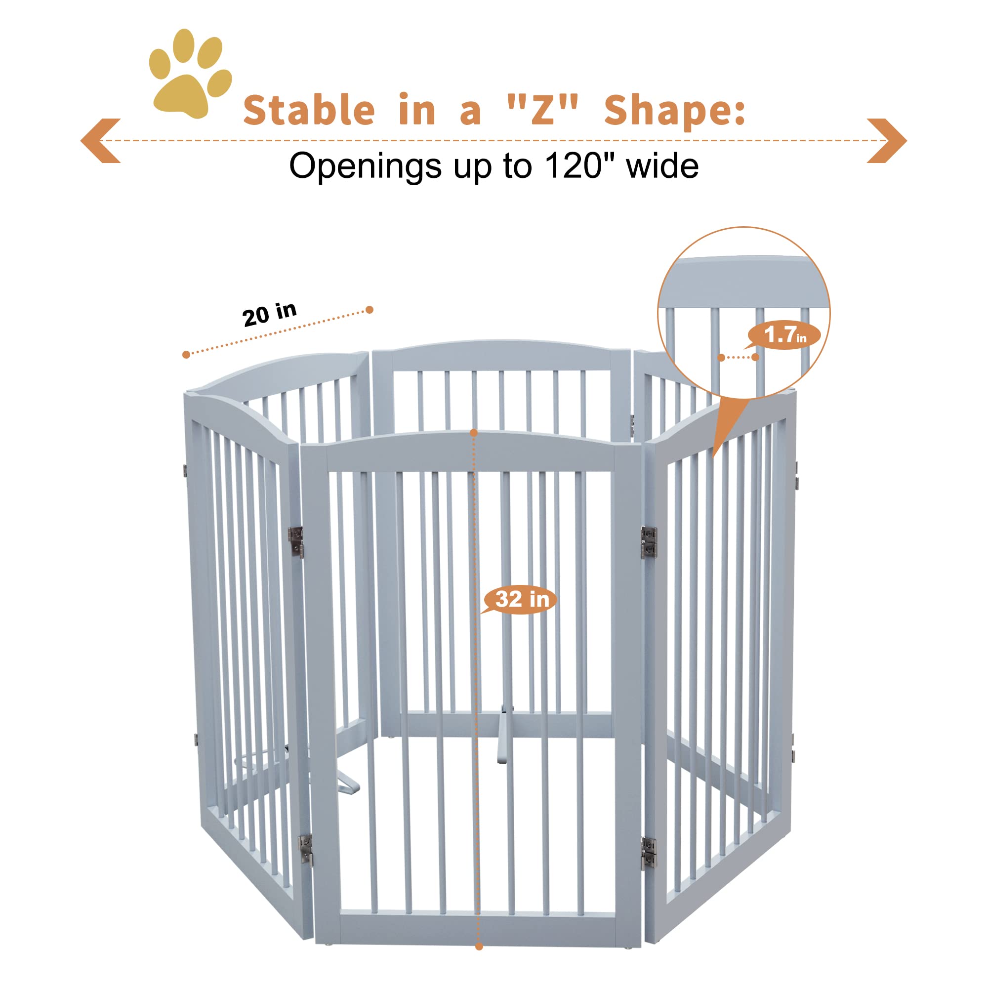 Pupetpo Freestanding Pet Gate For Dogs, Indoor Wooden Dog Gate For House, Extra Wide Dog Gate, Foldable Dog Gate For Stairs, Doorways, Halls, Support Feet Included, 120 Inch Wide, 6 Panels 32', Grey
