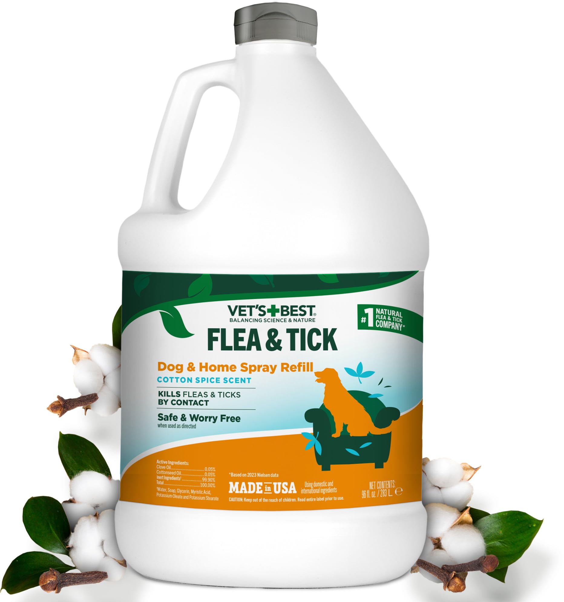 Vets Best Flea & Tick Home Spray Refill for Dogs, Cotton Spice Scent Dog Flea & Tick Aid, Made in The USA, Flea & Tick Home Spr