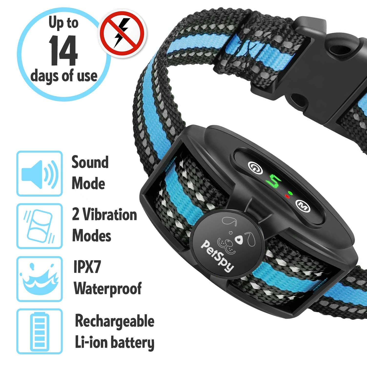 Petspy No Shock Bark Collar For Dogs Barking Control Humane Waterproof Training Device W/2 Anti-Bark Dual Vibration & Beep For S