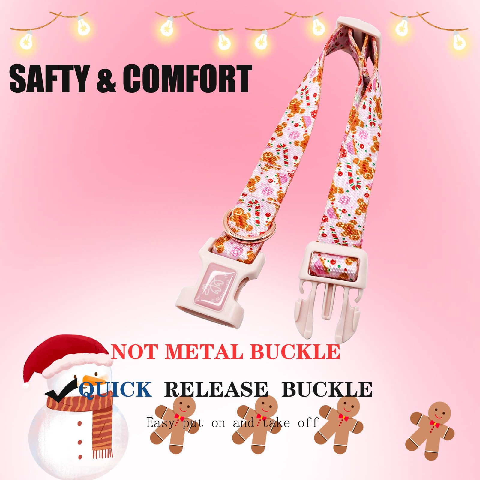 Elegant Little Tail Dog Collar With Leash, Pink Gingerbread Man Pet Collar Leash Adjustable Collar For Small Medium Large Dogs S