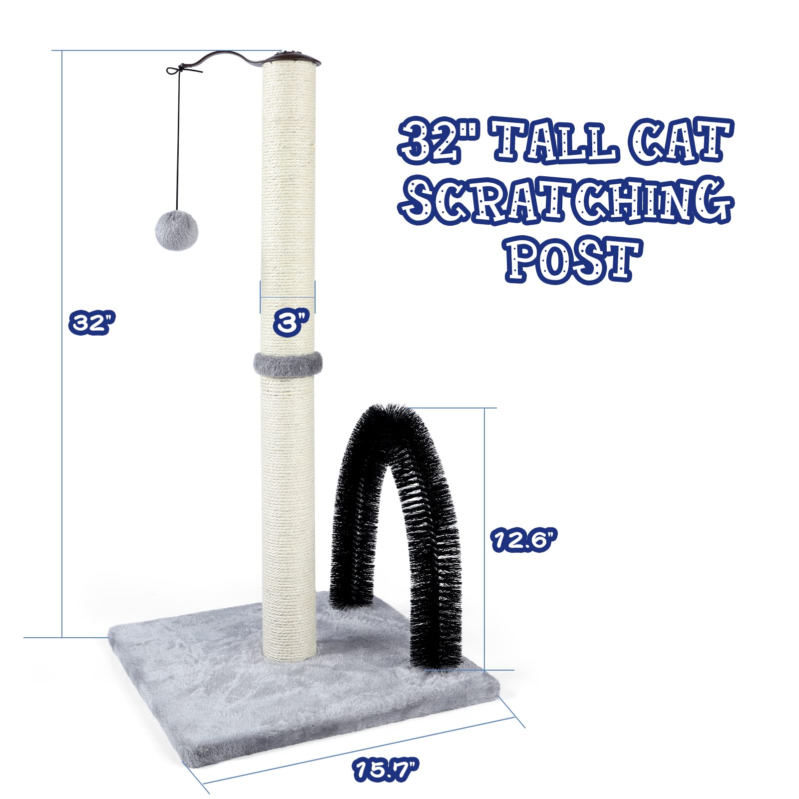 Anwa Tall Cat Scratching Post With Arch Self Groomer Massager, 32' Scratching Post For Indoor Cats From Kitten To Adult Cats, Stable Sisal Cat Post With Extra Interactive Dangling Plush Toy